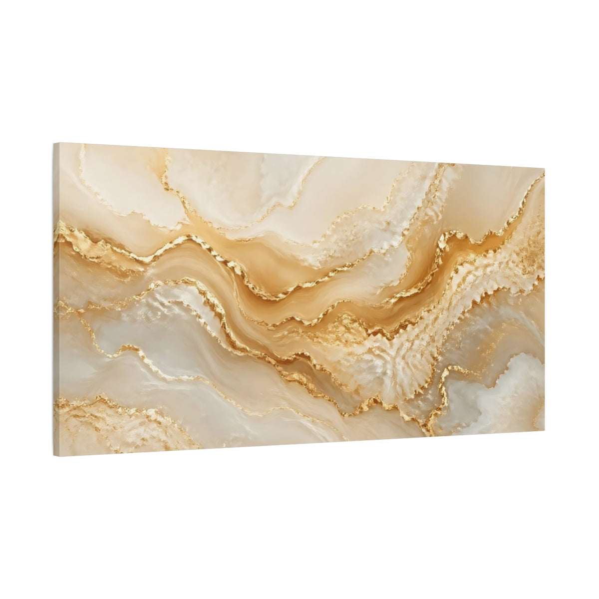 Side Mockup 2. Abstract Gold Marble Gold And White shown as stretched canvas wall art