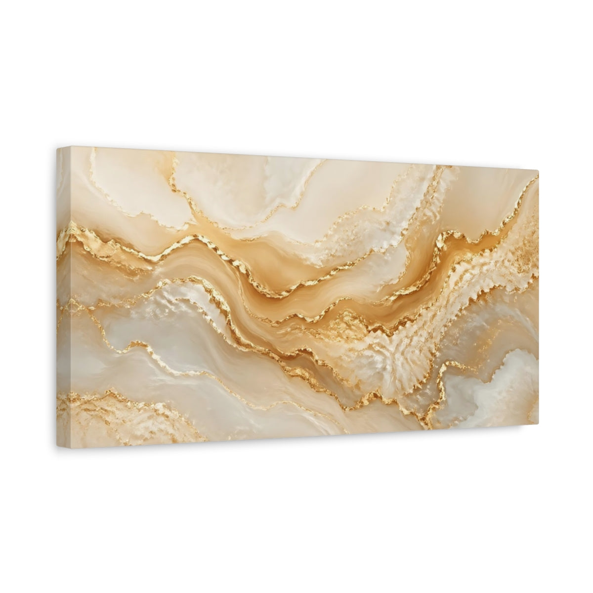 Side Mockup 3. Abstract Gold Marble Gold And White shown as stretched canvas wall art