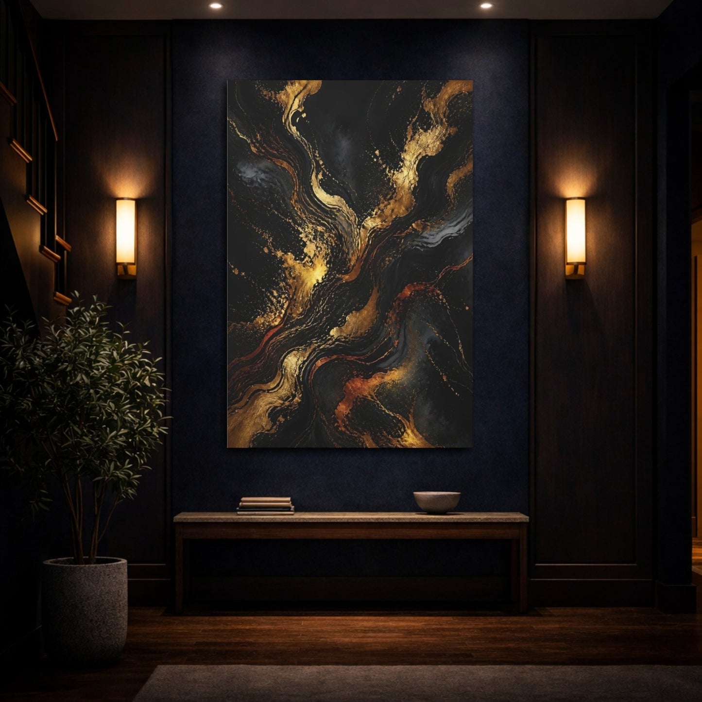 Abstract Gold Marble Black And Canvas Print – Living Room, Above Fireplace - YesArtYes