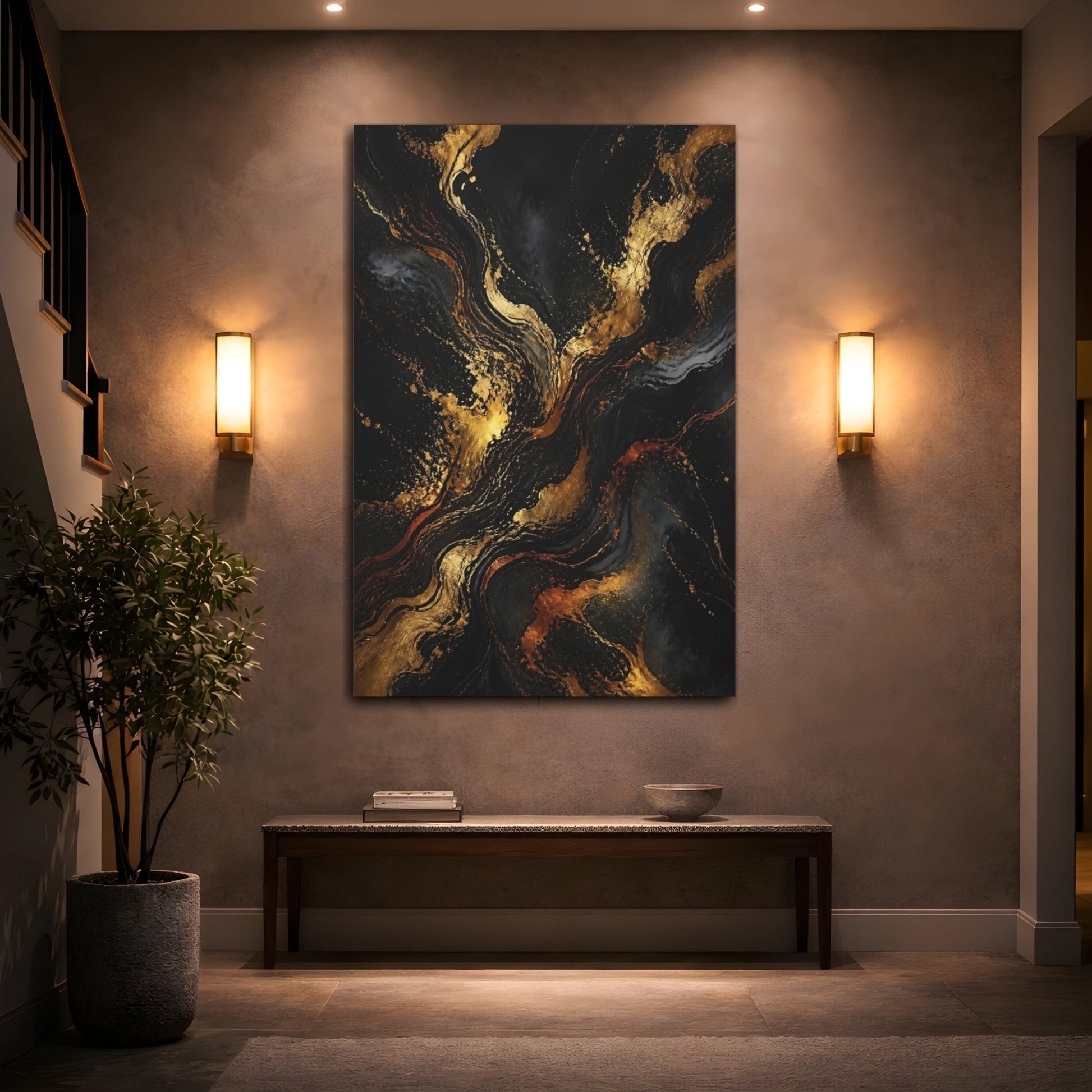 Abstract Gold Marble Black And Canvas Print – Living Room, Above Fireplace - YesArtYes