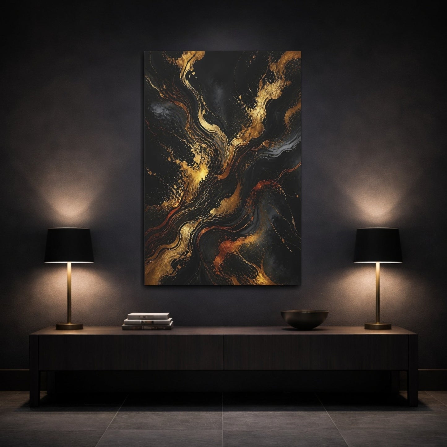 Abstract Gold Marble Black And Canvas Print – Living Room, Above Fireplace - YesArtYes