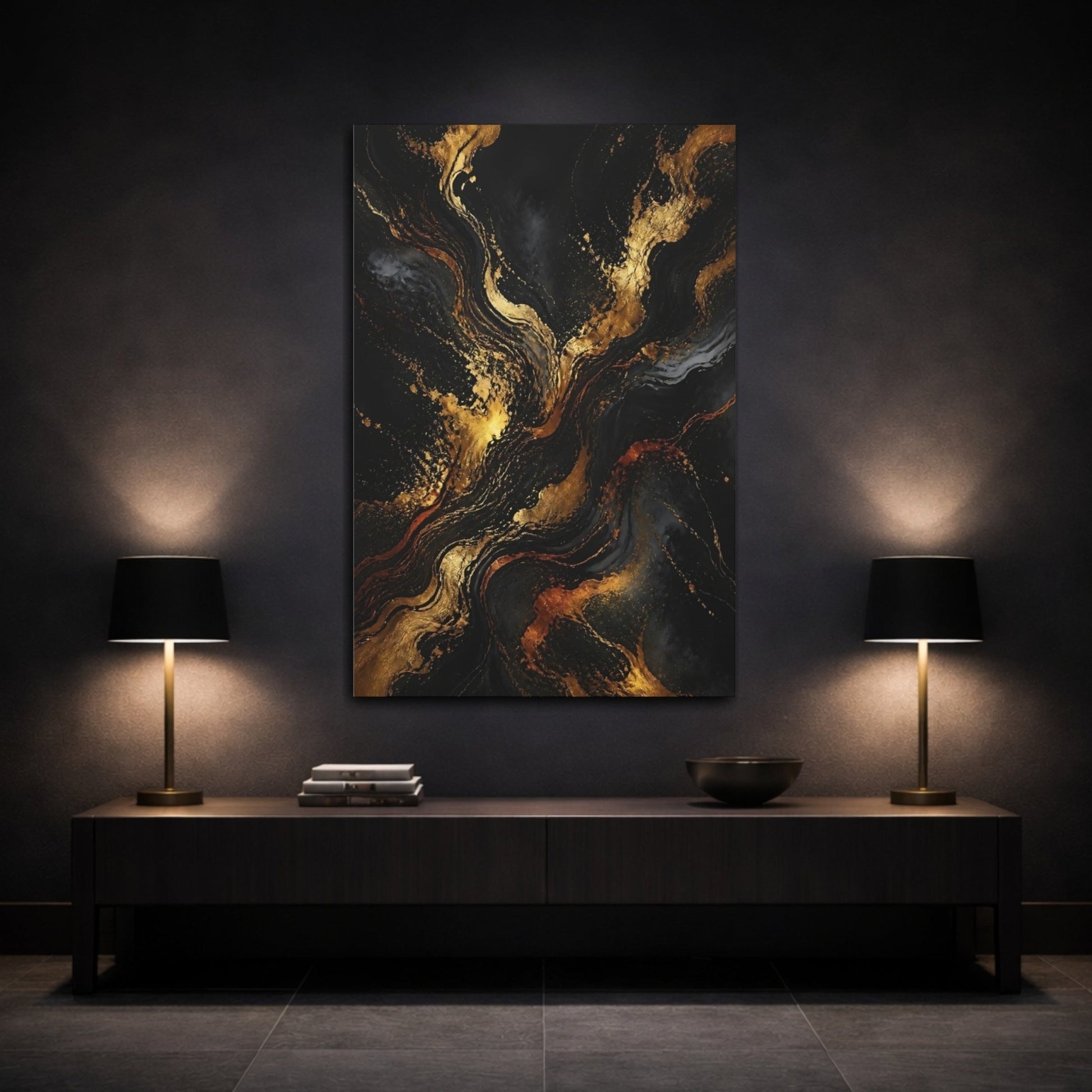 Abstract Gold Marble Black And Canvas Print – Living Room, Above Fireplace - YesArtYes