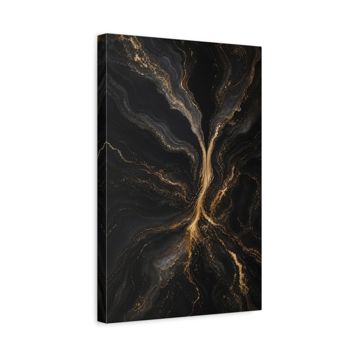 Side Mockup 4. Abstract Gold Marble Black And Gold shown as stretched canvas wall art