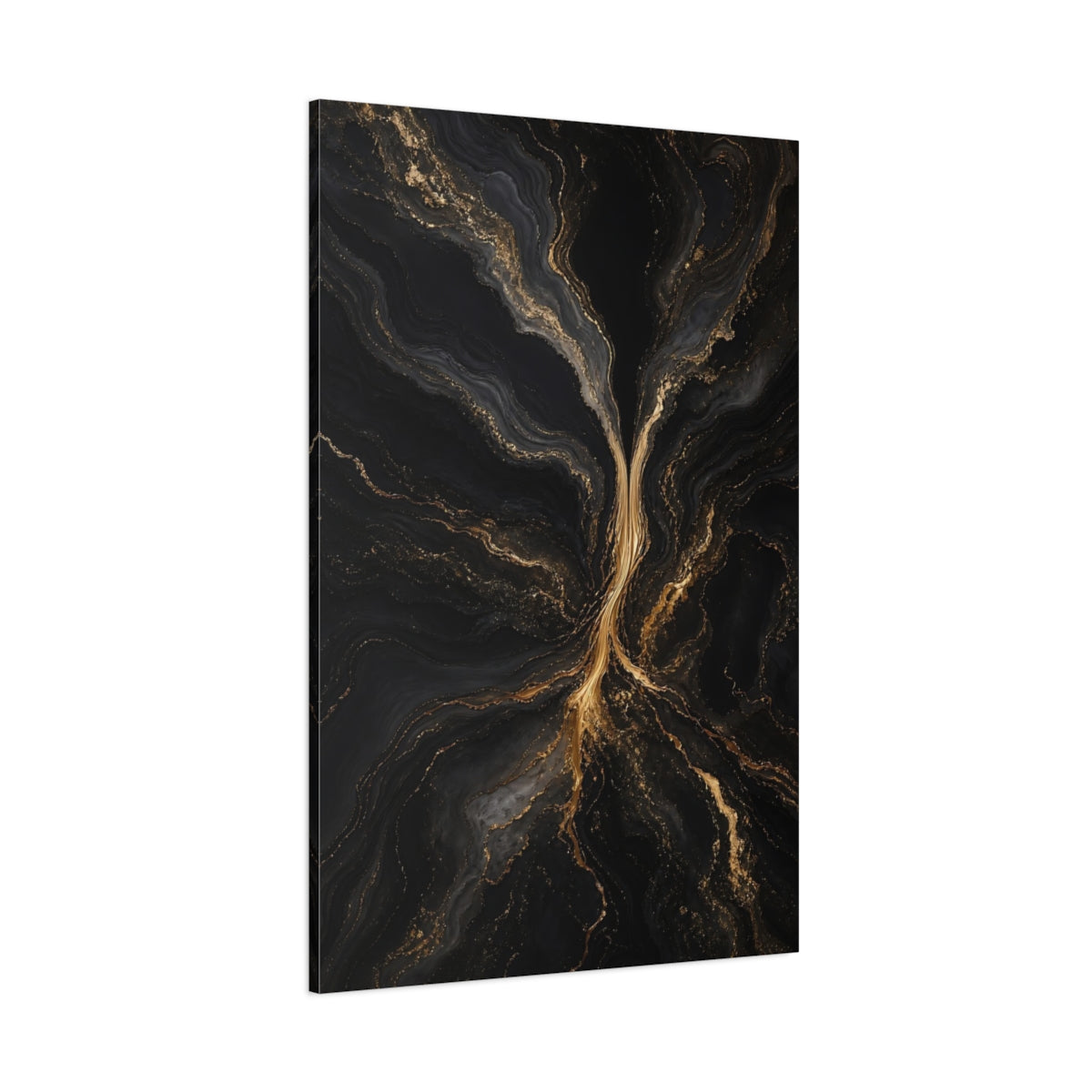 Side Mockup 1. Abstract Gold Marble Black And Gold shown as stretched canvas wall art