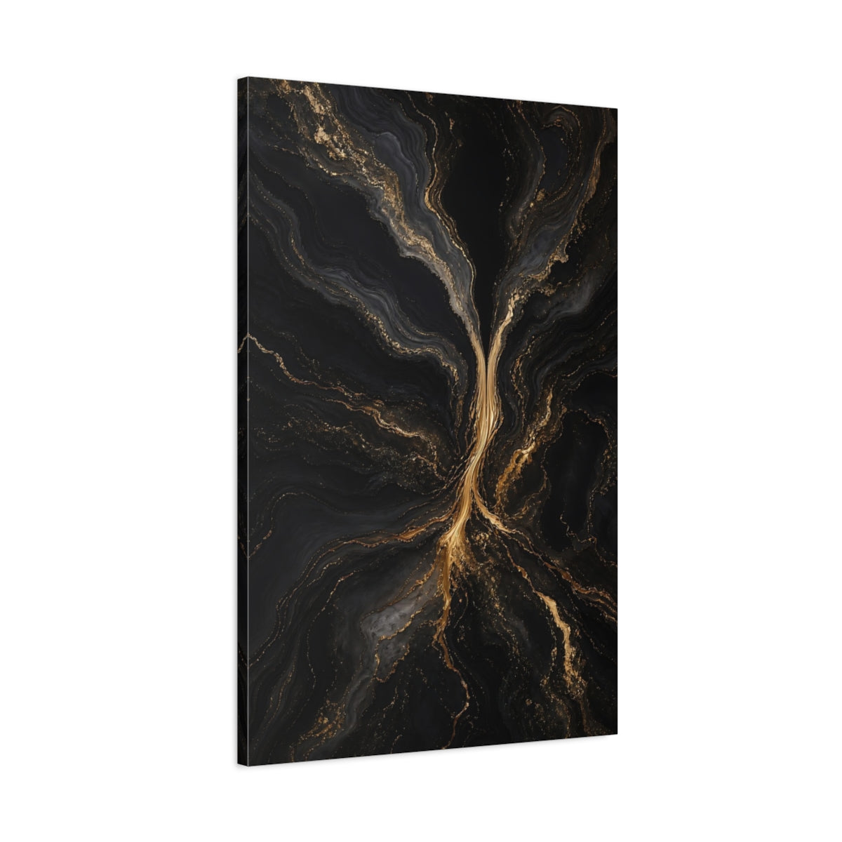 Main Mockup. Abstract Gold Marble Black And Gold shown as stretched canvas wall art