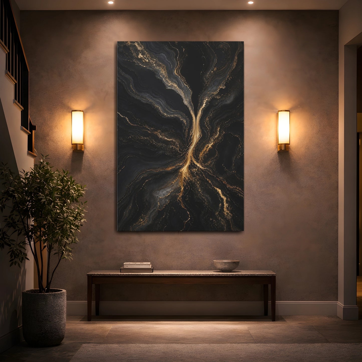 Mockup 2. Abstract Gold Marble Black And Gold shown as stretched canvas wall art