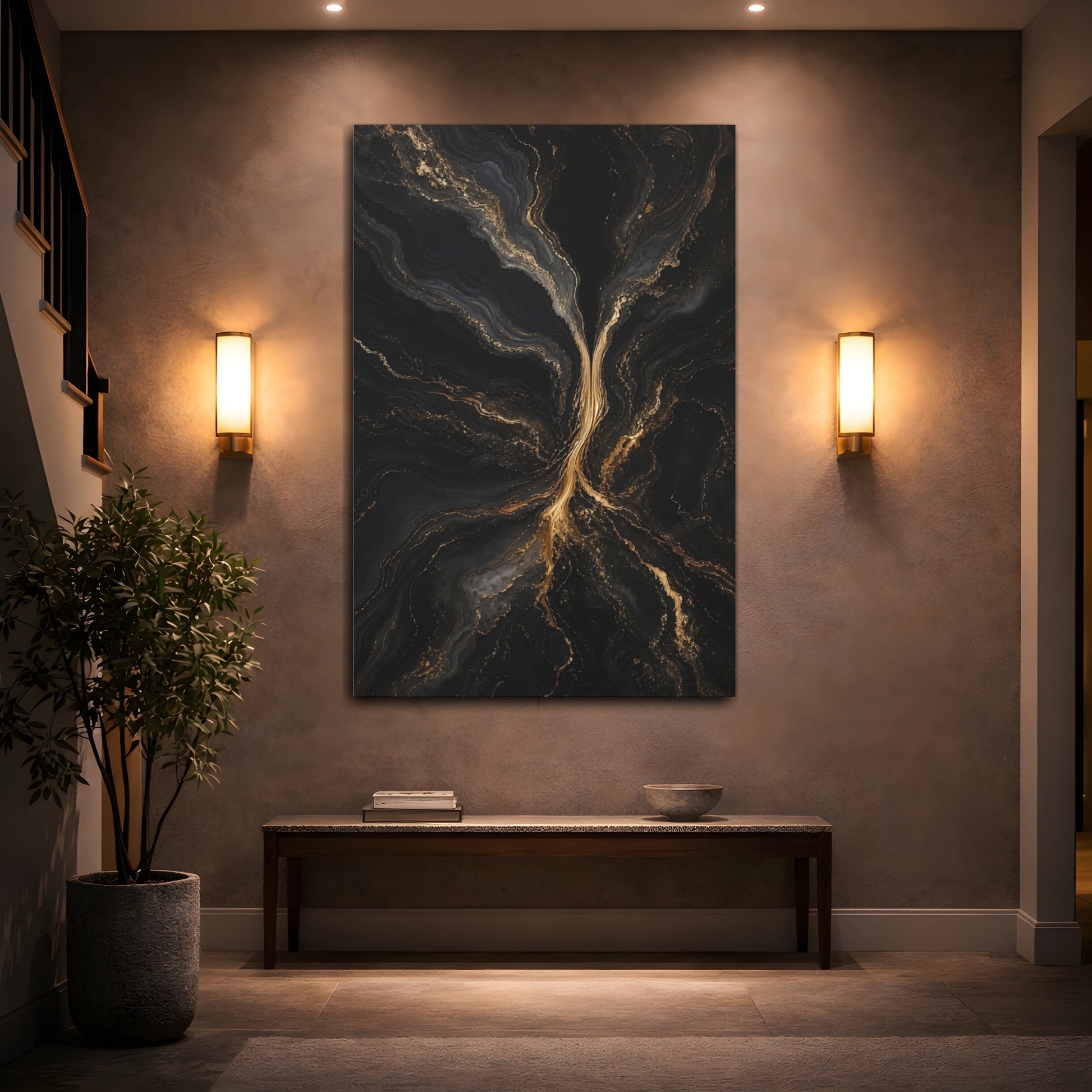 Mockup 2. Abstract Gold Marble Black And Gold shown as stretched canvas wall art