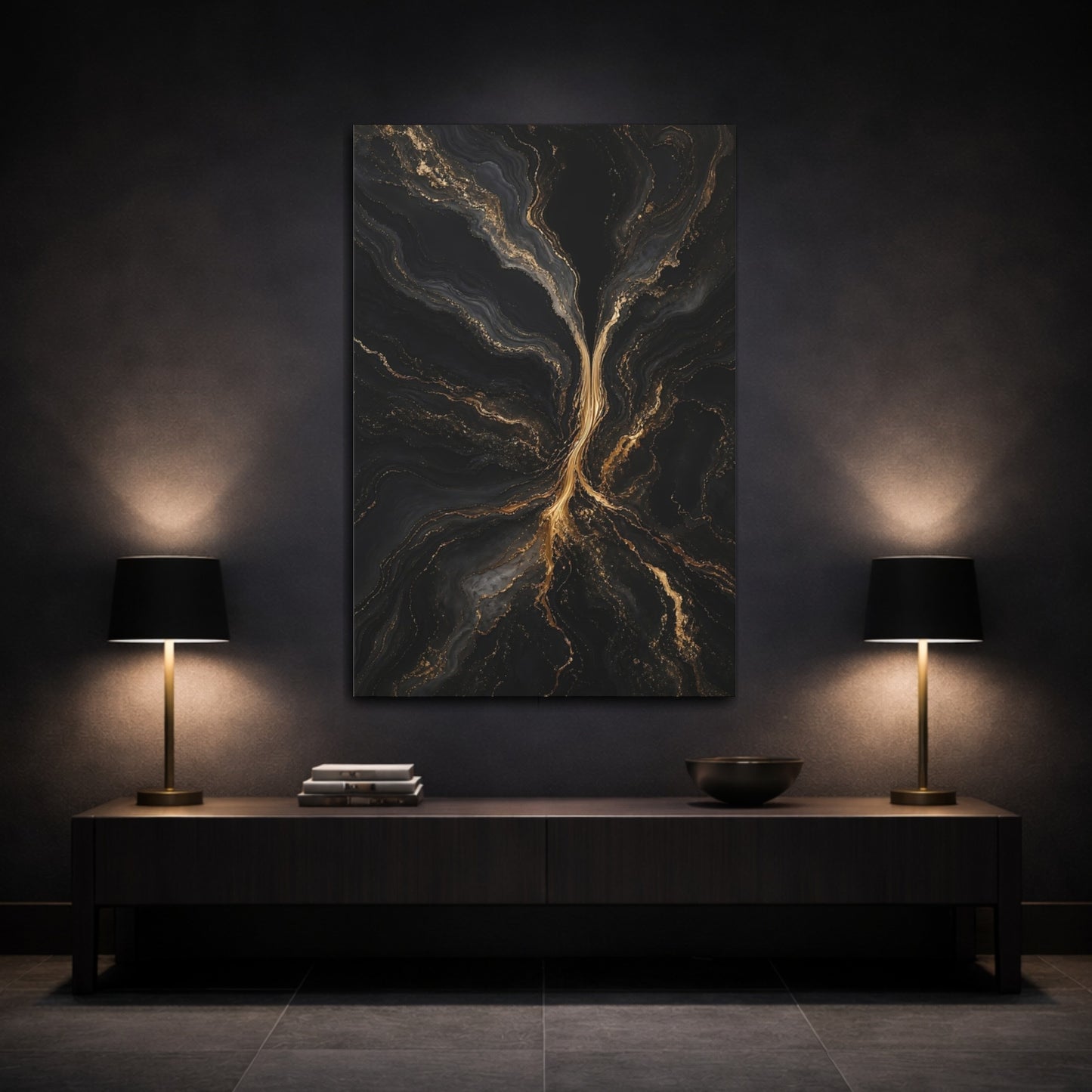 Mockup 3. Abstract Gold Marble Black And Gold shown as stretched canvas wall art