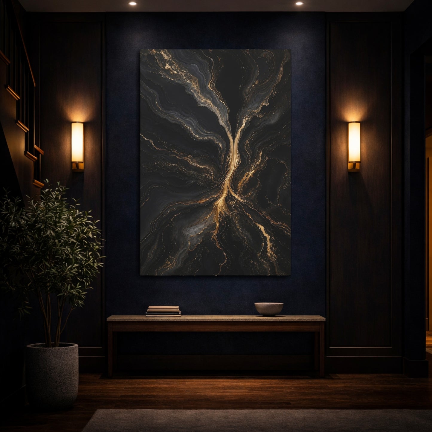 Mockup 4. Abstract Gold Marble Black And Gold shown as stretched canvas wall art
