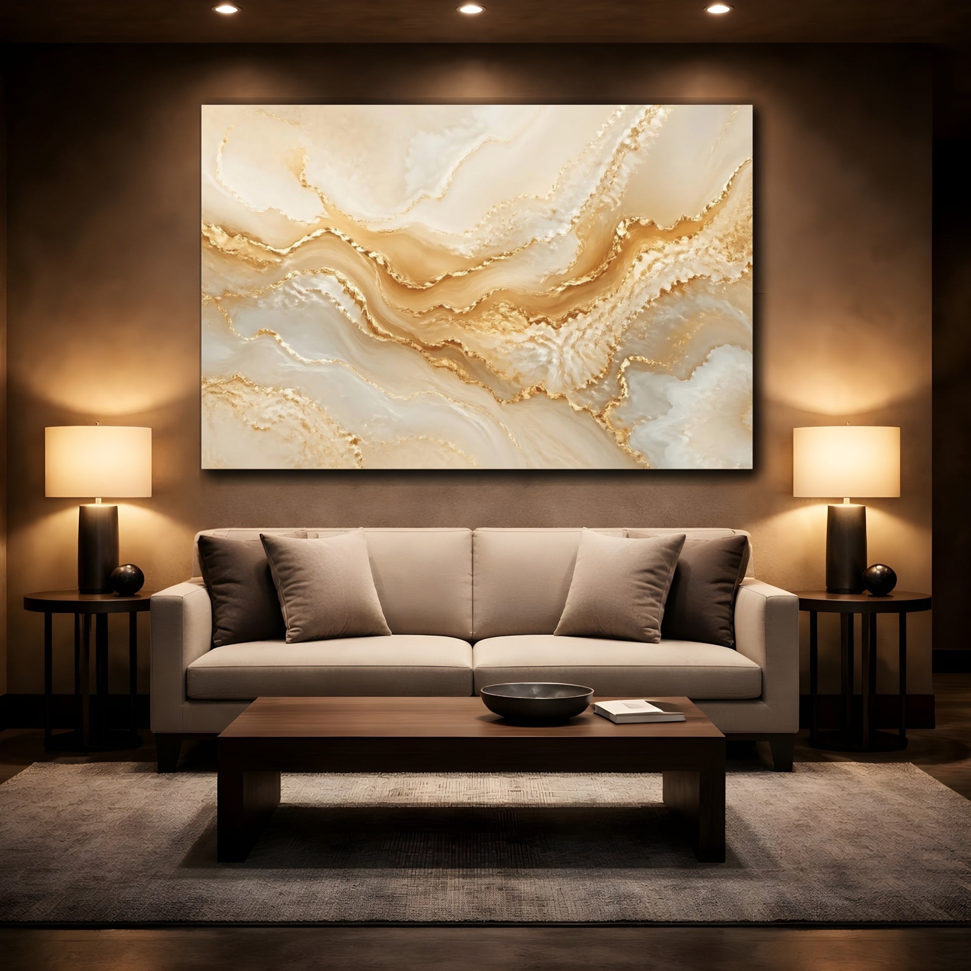 Mockup 2. Abstract Gold Marble Gold And Beige shown as stretched canvas wall art