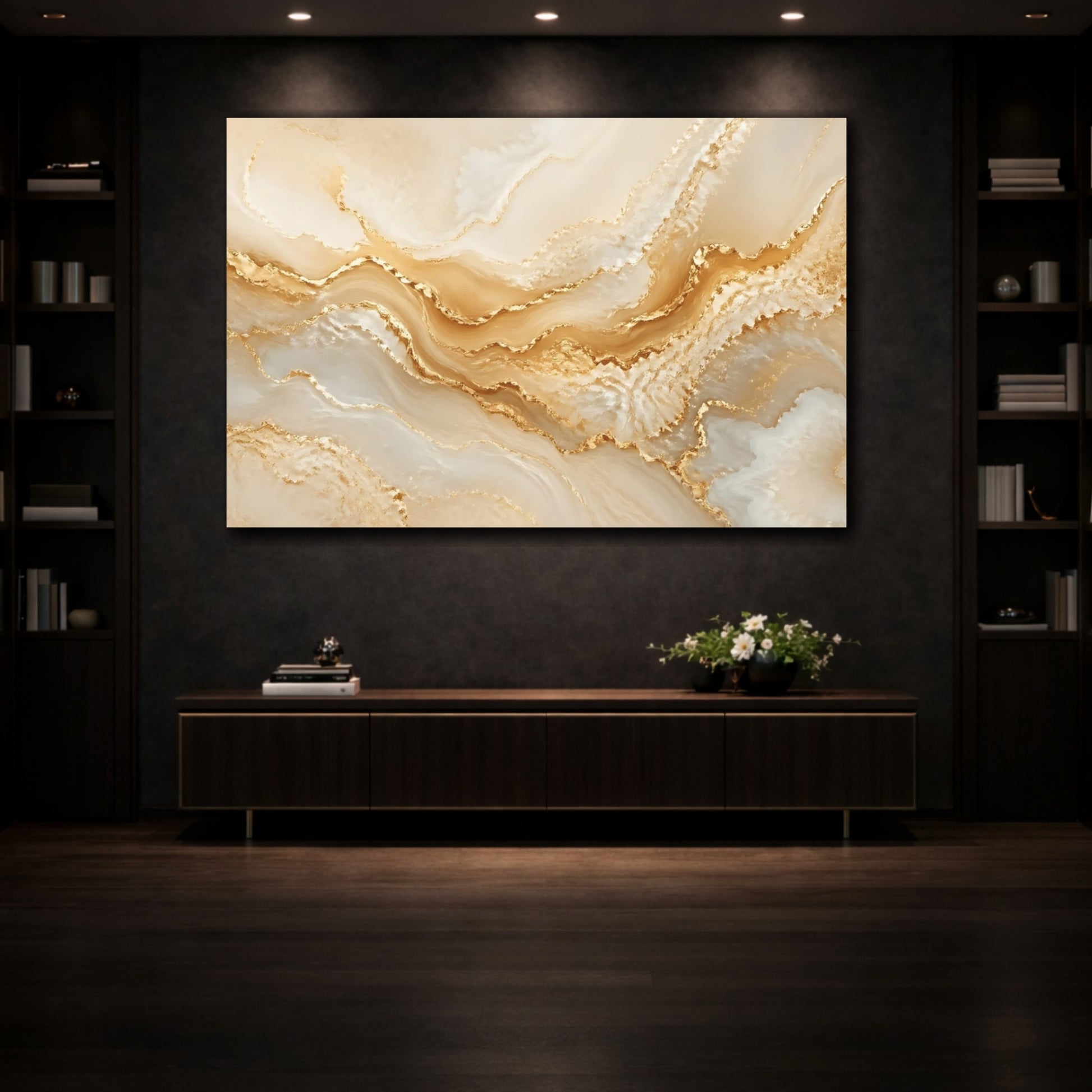 Mockup 3. Abstract Gold Marble Gold And Beige shown as stretched canvas wall art