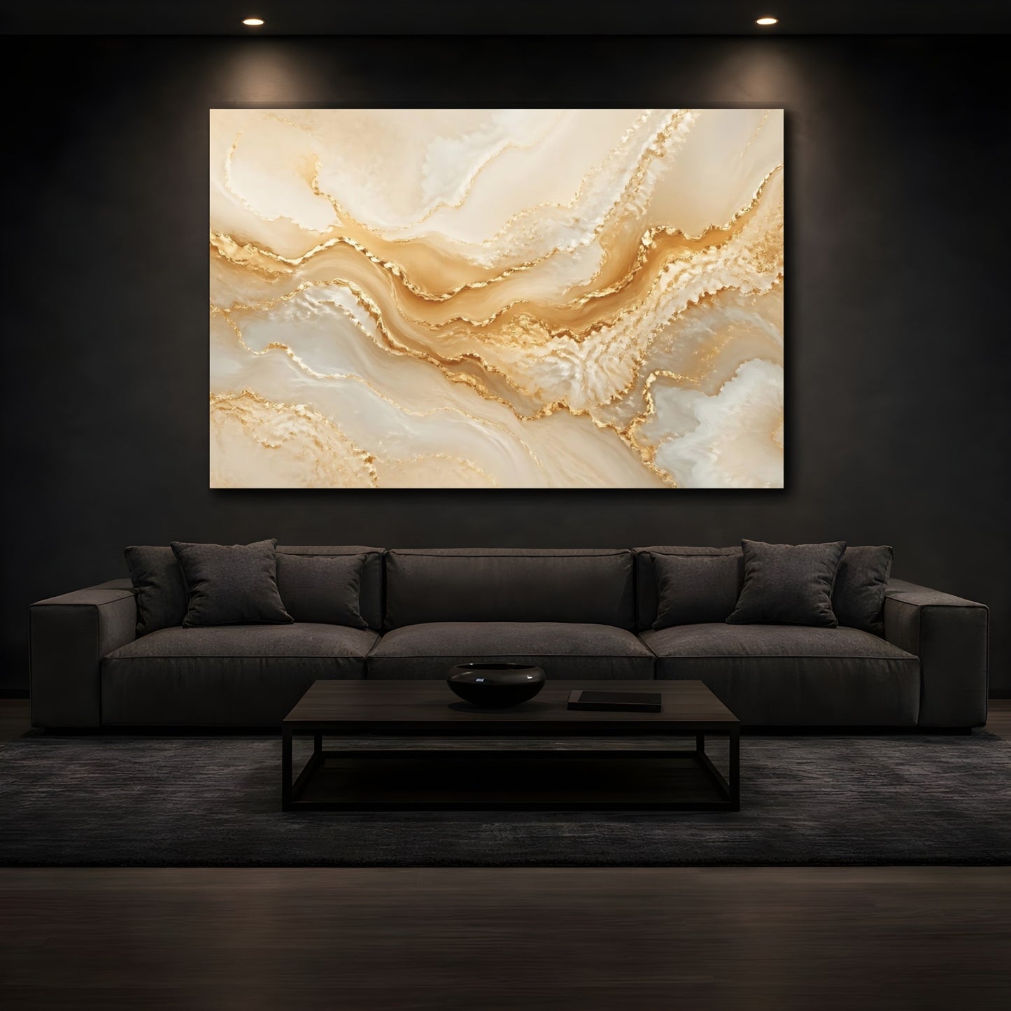 Mockup 4. Abstract Gold Marble Gold And Beige shown as stretched canvas wall art