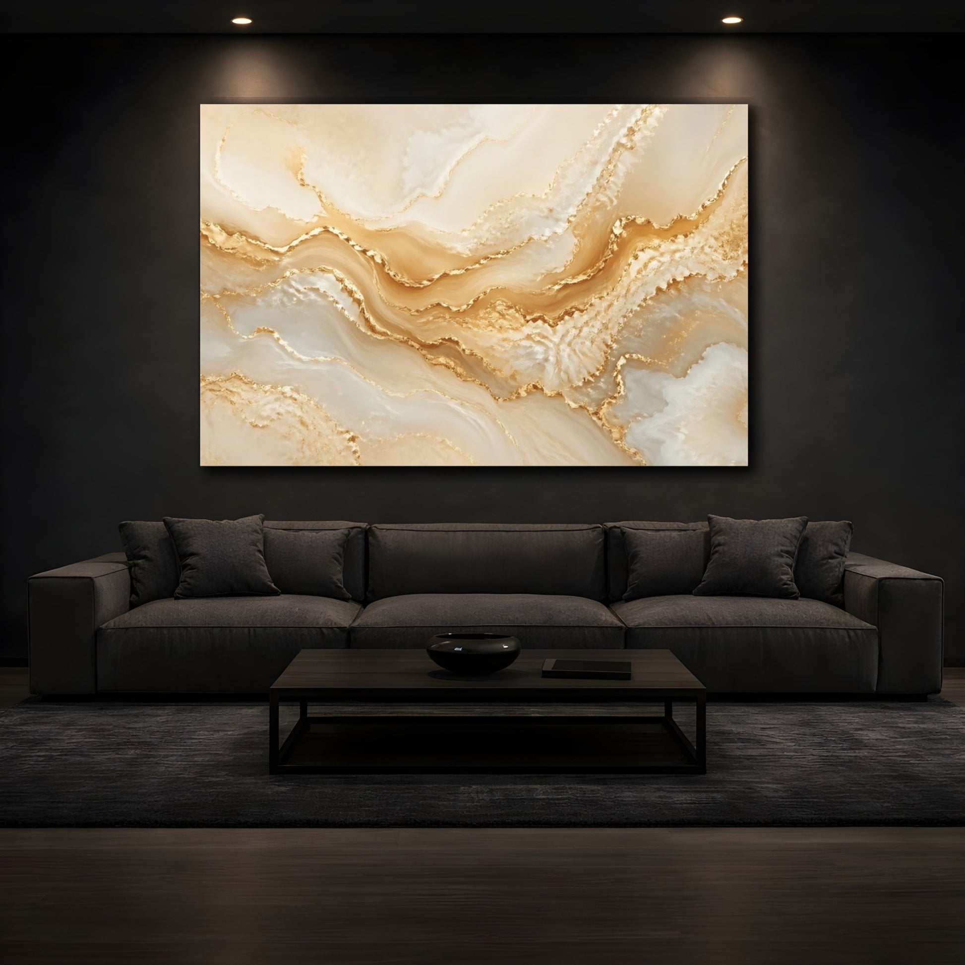 Mockup 4. Abstract Gold Marble Gold And Beige shown as stretched canvas wall art