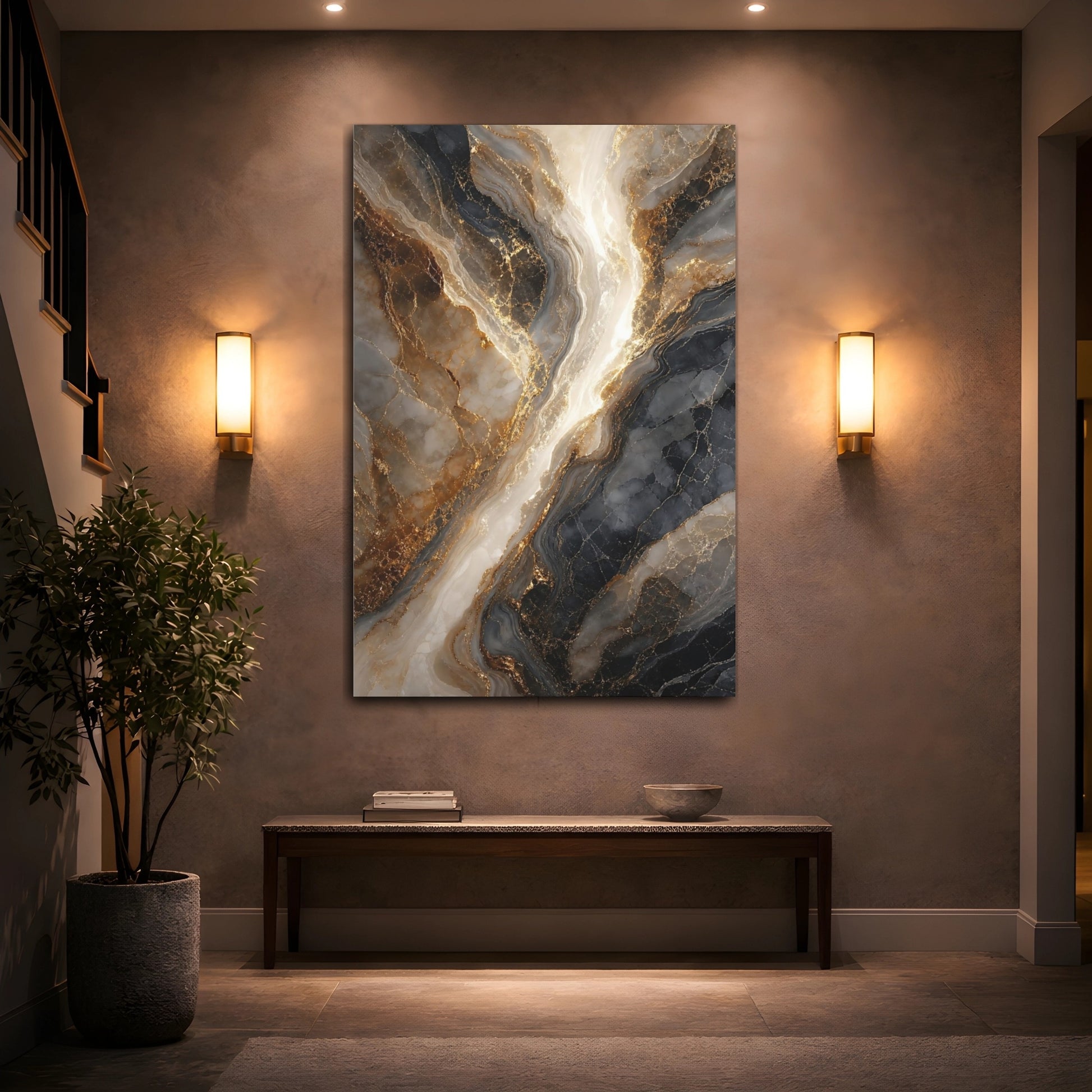 Mockup 2. Abstract Gold Marble Gold And Black Marble shown as stretched canvas wall art