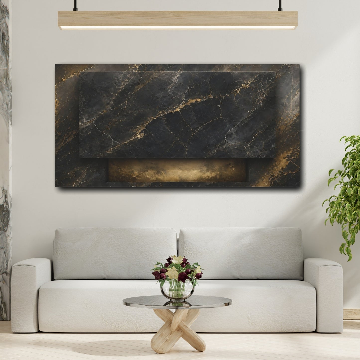 Mockup 3. Abstract Gold Marble Gold And Black Marble shown as stretched canvas wall art