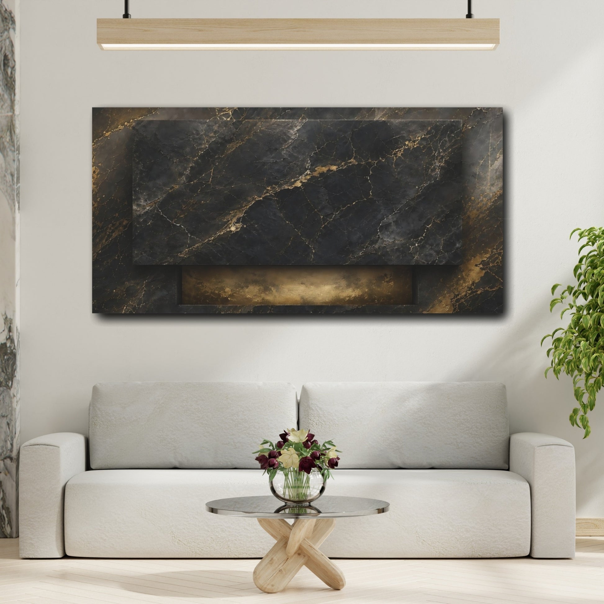 Mockup 3. Abstract Gold Marble Gold And Black Marble shown as stretched canvas wall art