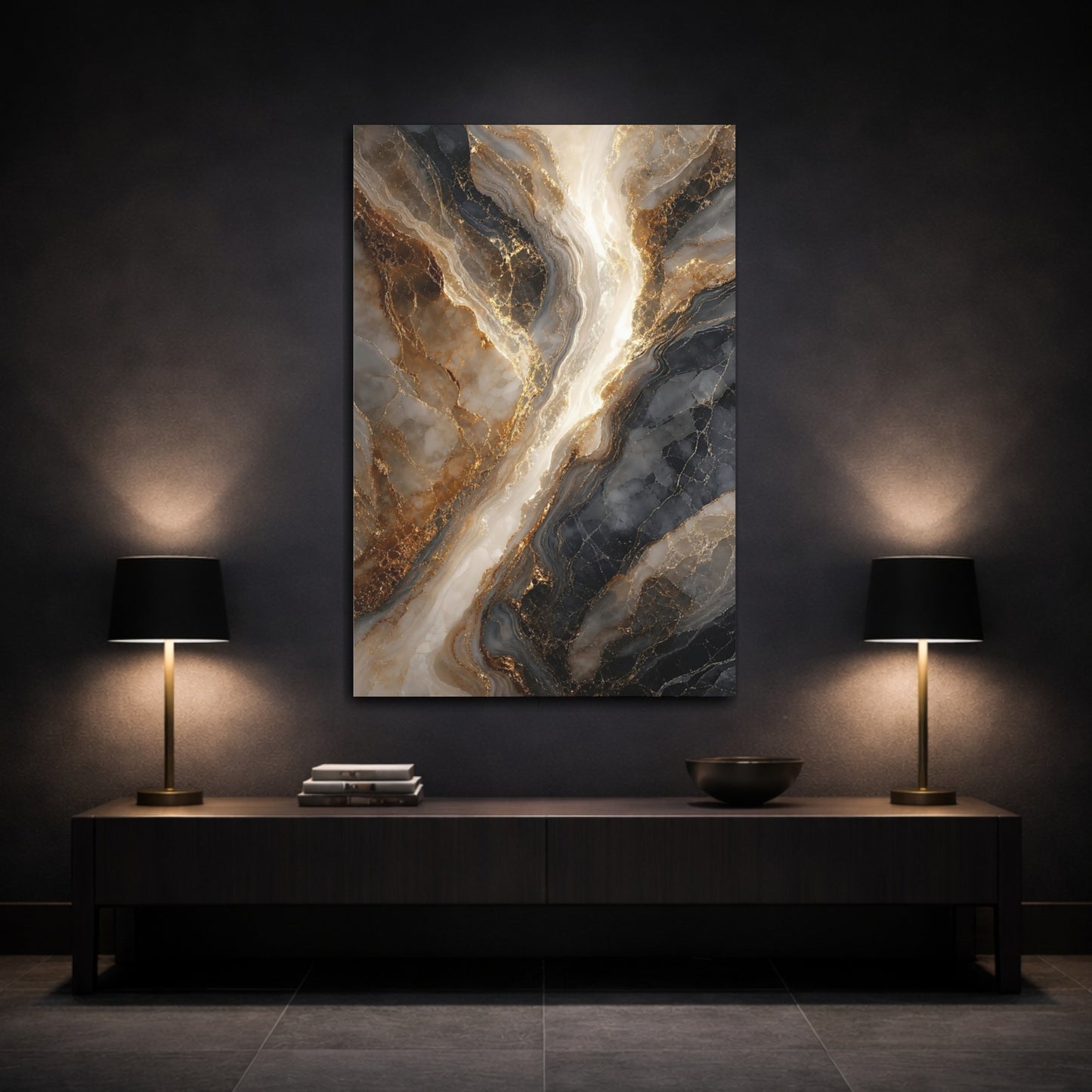 Mockup 3. Abstract Gold Marble Gold And Black Marble shown as stretched canvas wall art