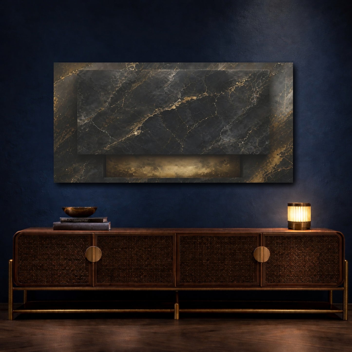 Mockup 4. Abstract Gold Marble Gold And Black Marble shown as stretched canvas wall art