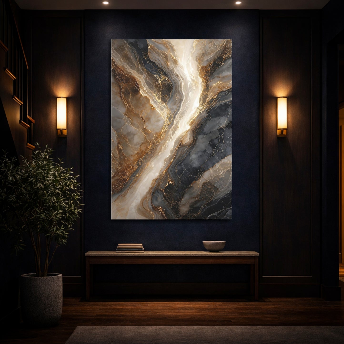 Mockup 4. Abstract Gold Marble Gold And Black Marble shown as stretched canvas wall art