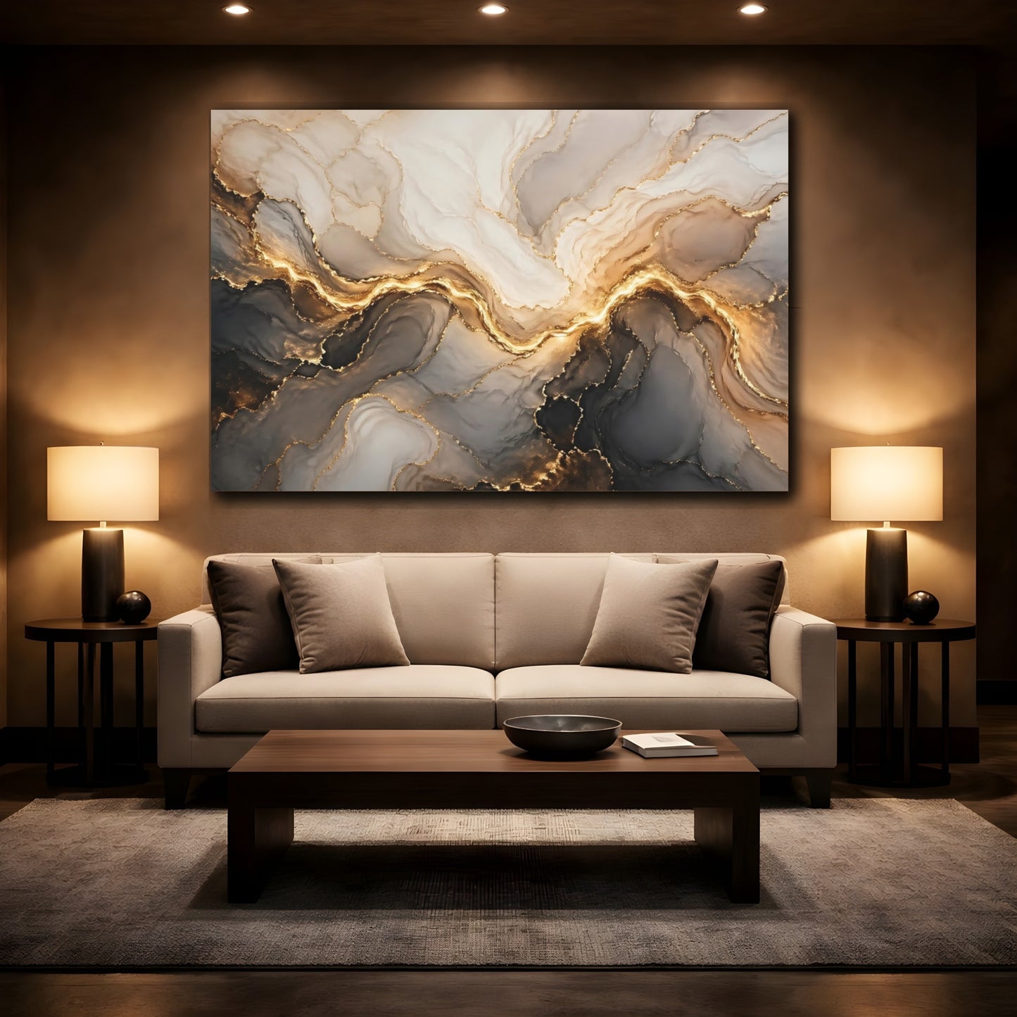 Mockup 2. Abstract Gold Marble Gold And Gray Abstract shown as stretched canvas wall art