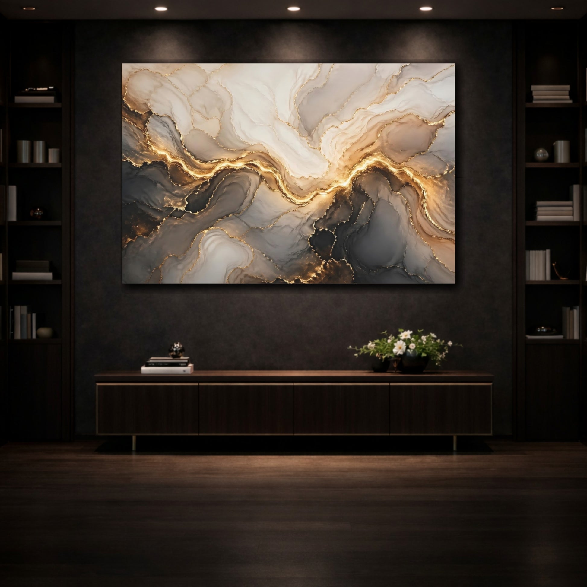 Mockup 3. Abstract Gold Marble Gold And Gray Abstract shown as stretched canvas wall art