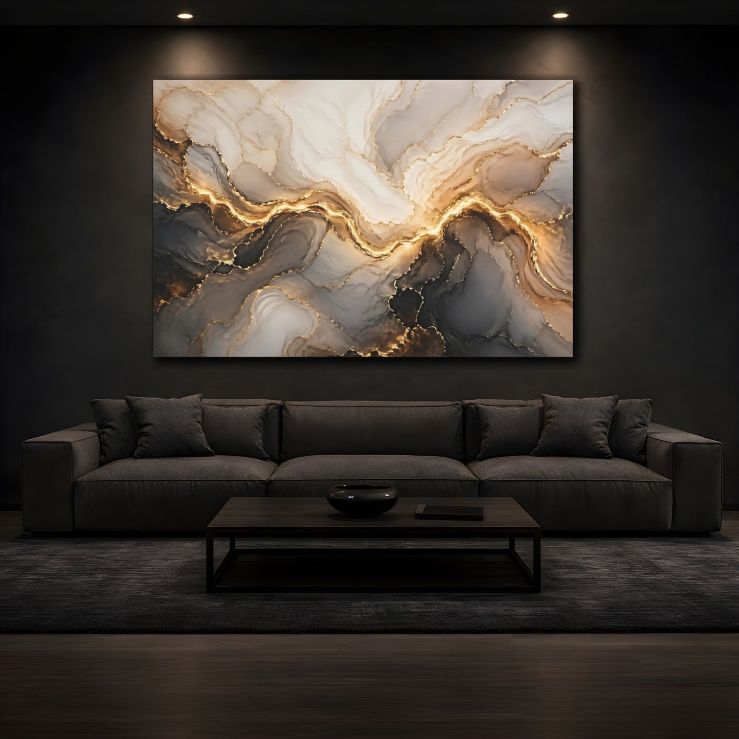 Mockup 4. Abstract Gold Marble Gold And Gray Abstract shown as stretched canvas wall art