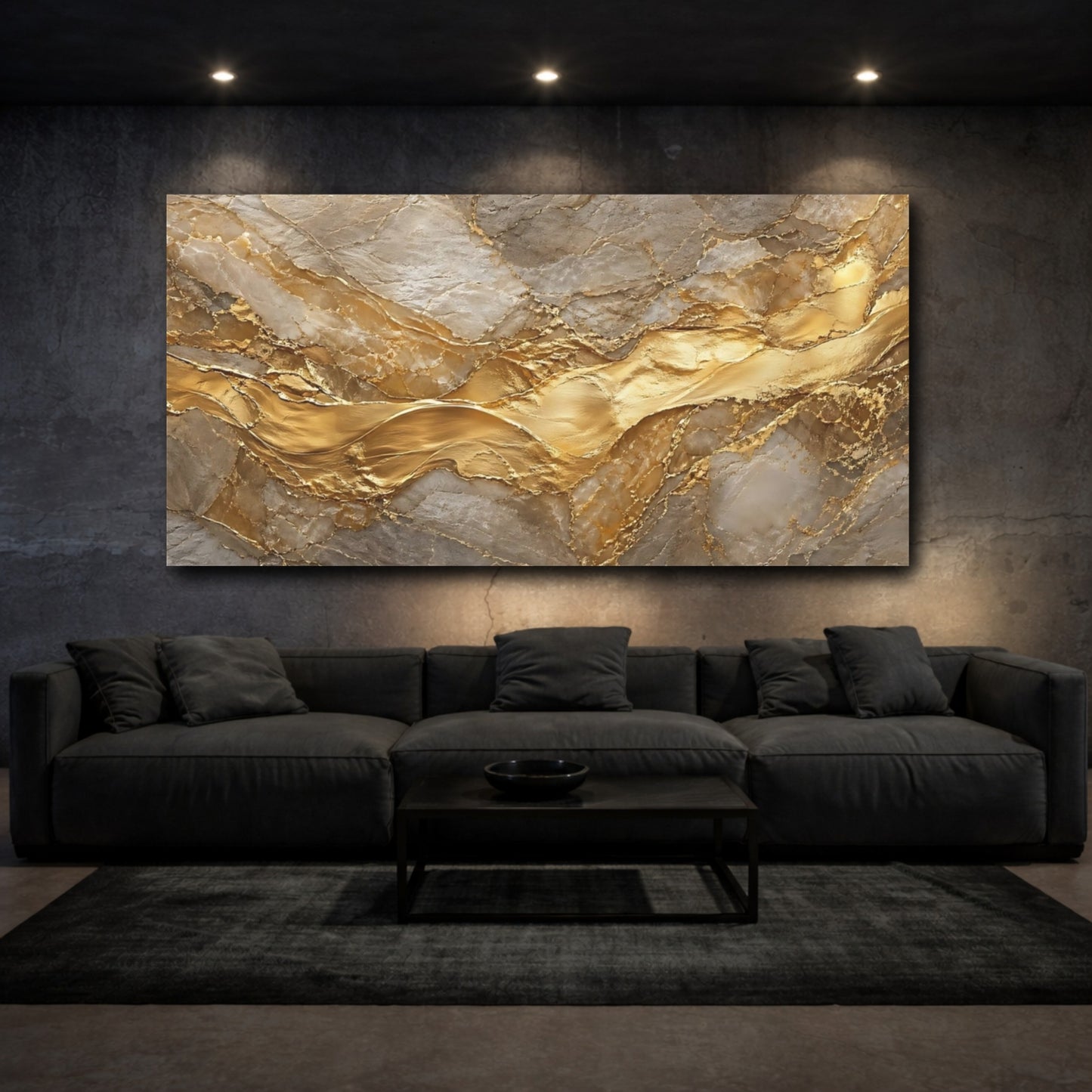 Mockup 2. Abstract Gold Marble Gold And Gray shown as stretched canvas wall art