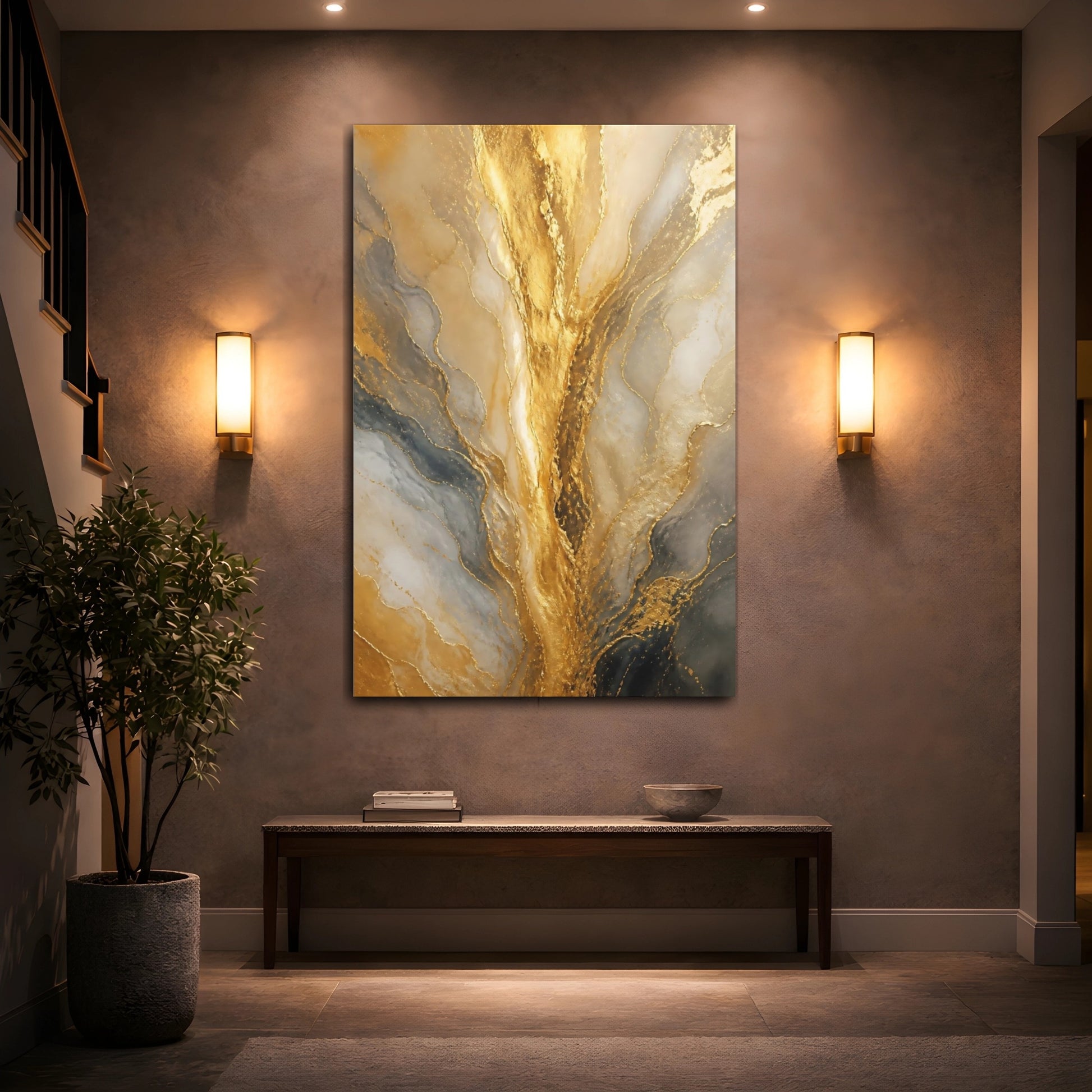 Mockup 2. Abstract Gold Marble Gold And Gray shown as stretched canvas wall art