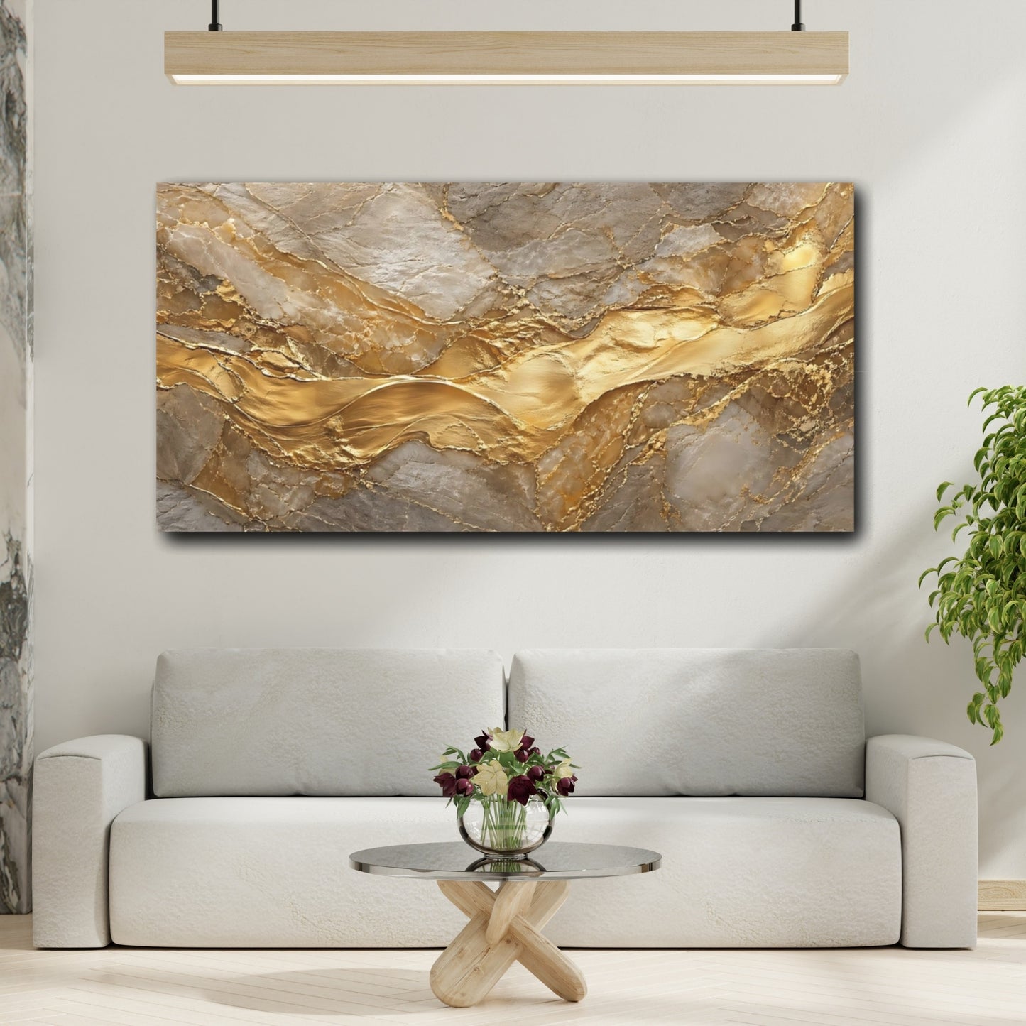 Mockup 3. Abstract Gold Marble Gold And Gray shown as stretched canvas wall art