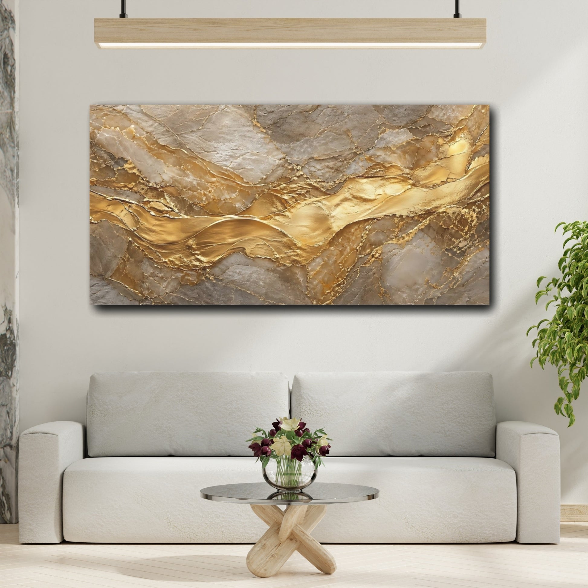 Mockup 3. Abstract Gold Marble Gold And Gray shown as stretched canvas wall art