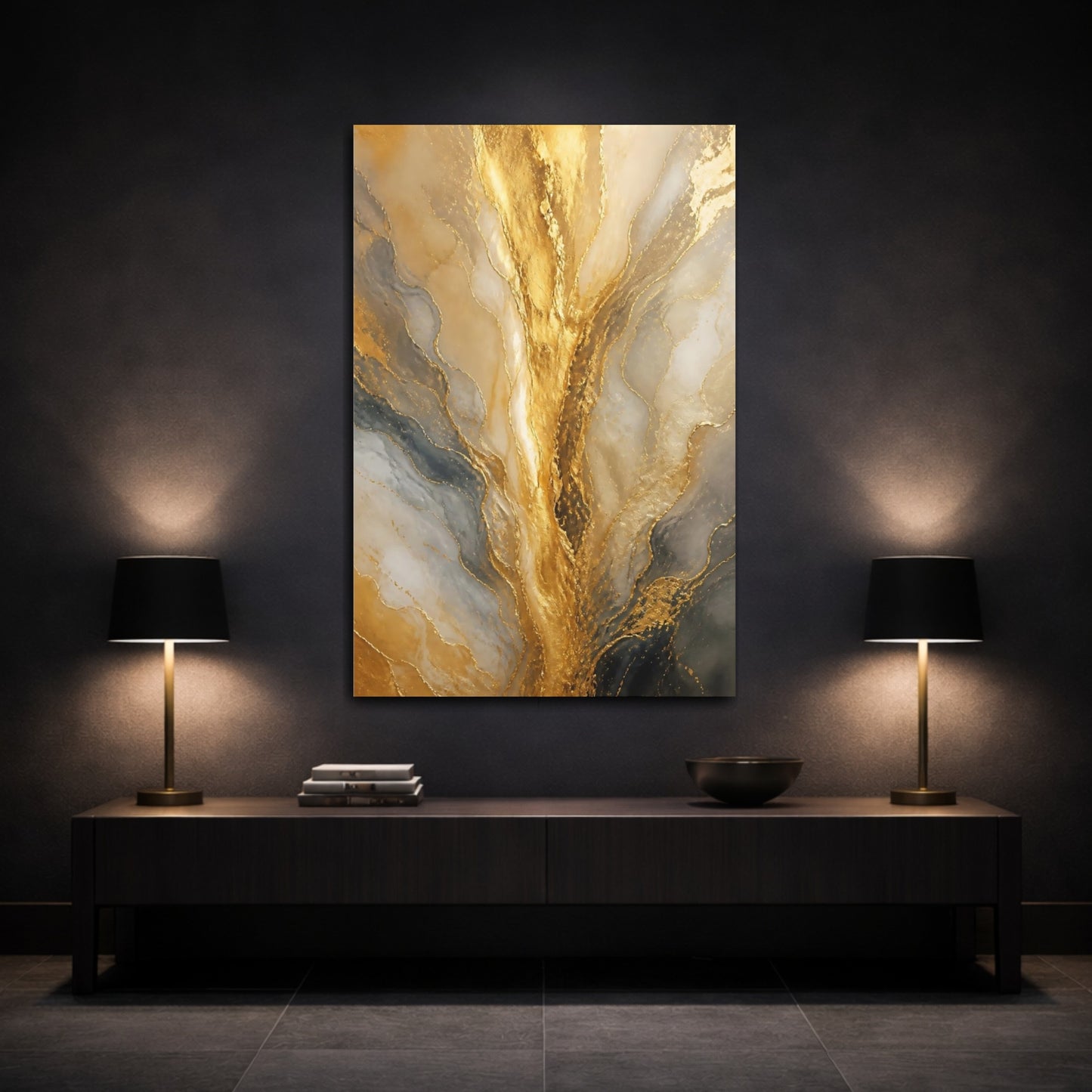 Mockup 3. Abstract Gold Marble Gold And Gray shown as stretched canvas wall art