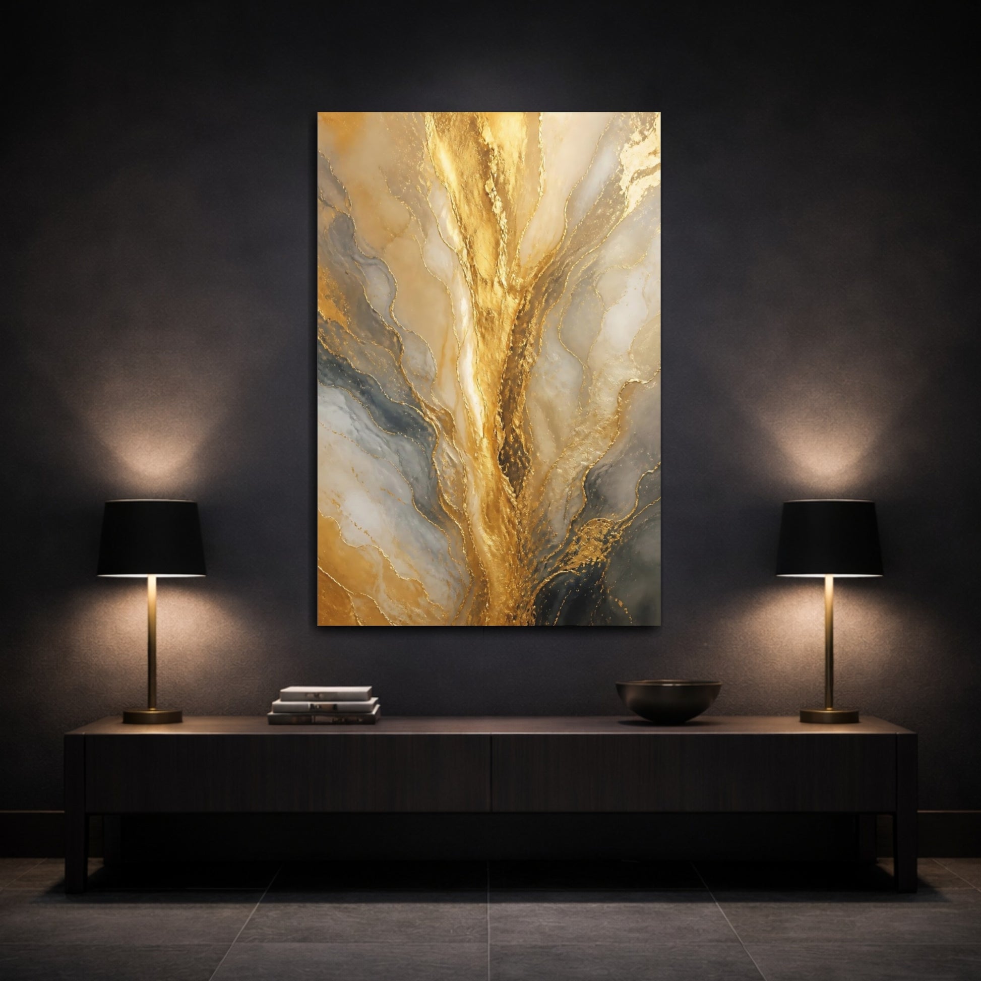 Mockup 3. Abstract Gold Marble Gold And Gray shown as stretched canvas wall art