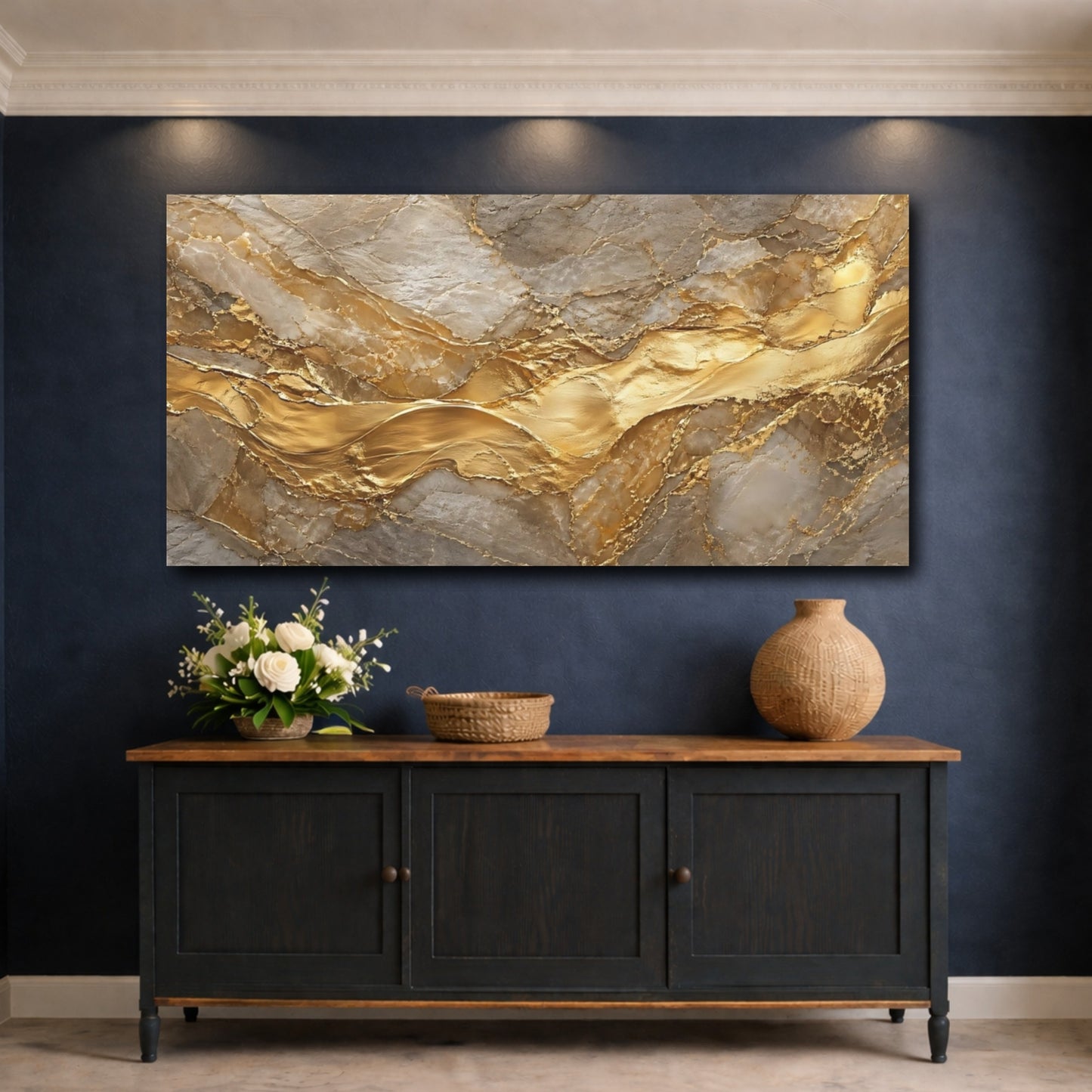 Mockup 4. Abstract Gold Marble Gold And Gray shown as stretched canvas wall art