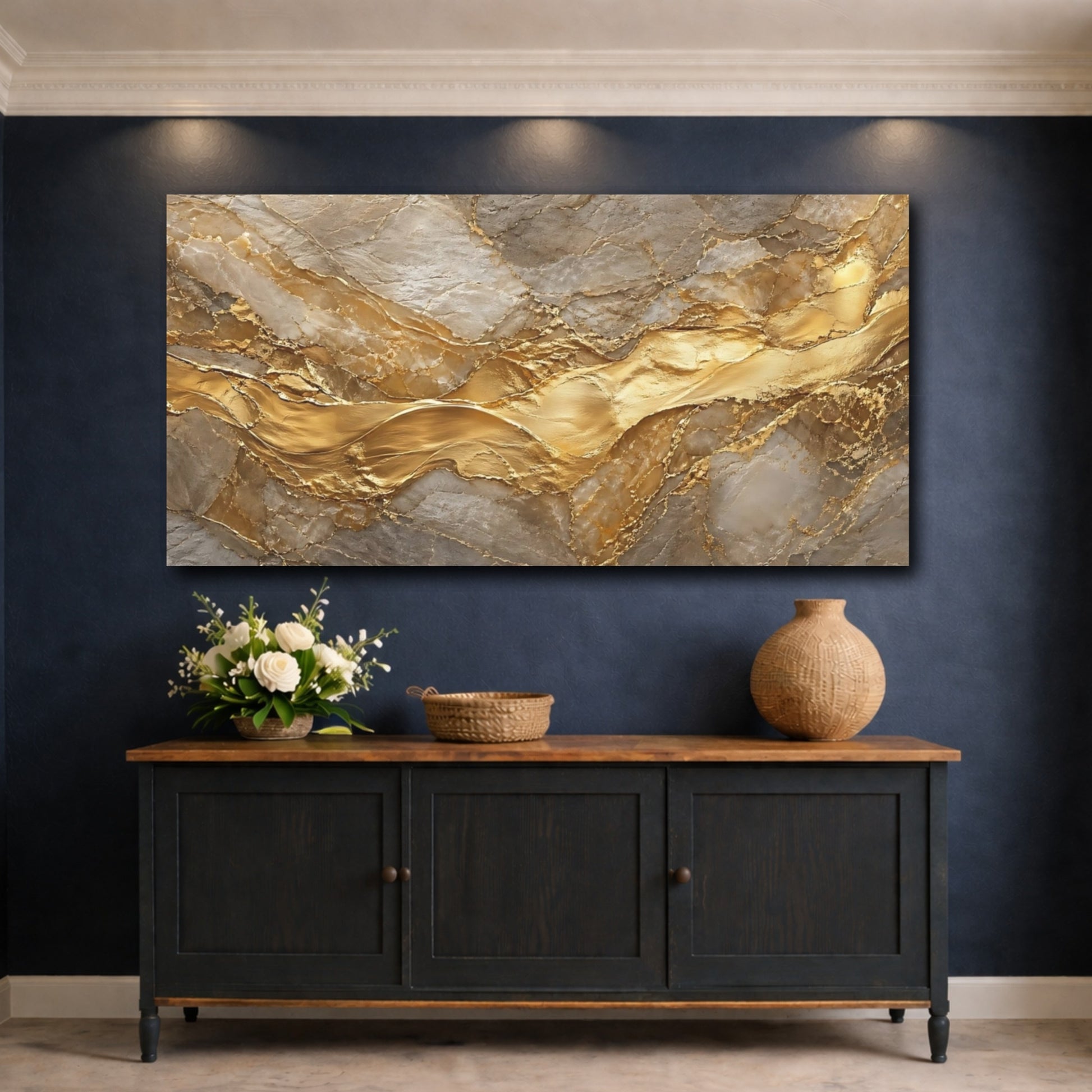 Mockup 4. Abstract Gold Marble Gold And Gray shown as stretched canvas wall art