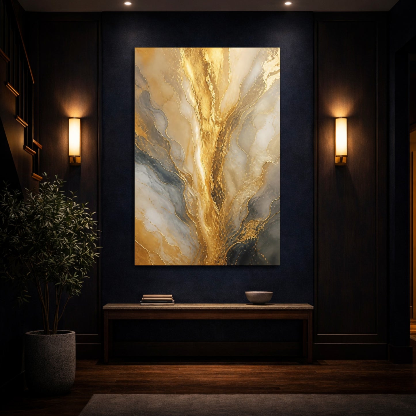 Mockup 4. Abstract Gold Marble Gold And Gray shown as stretched canvas wall art