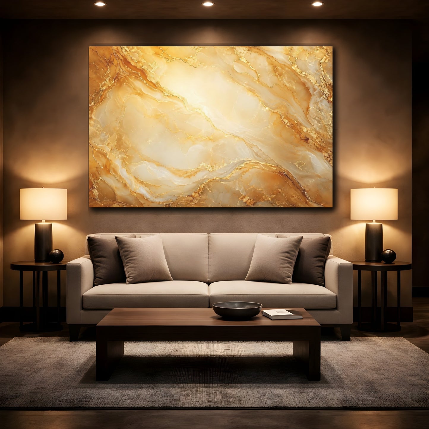 Mockup 2. Abstract Gold Marble Gold And White Marble shown as stretched canvas wall art