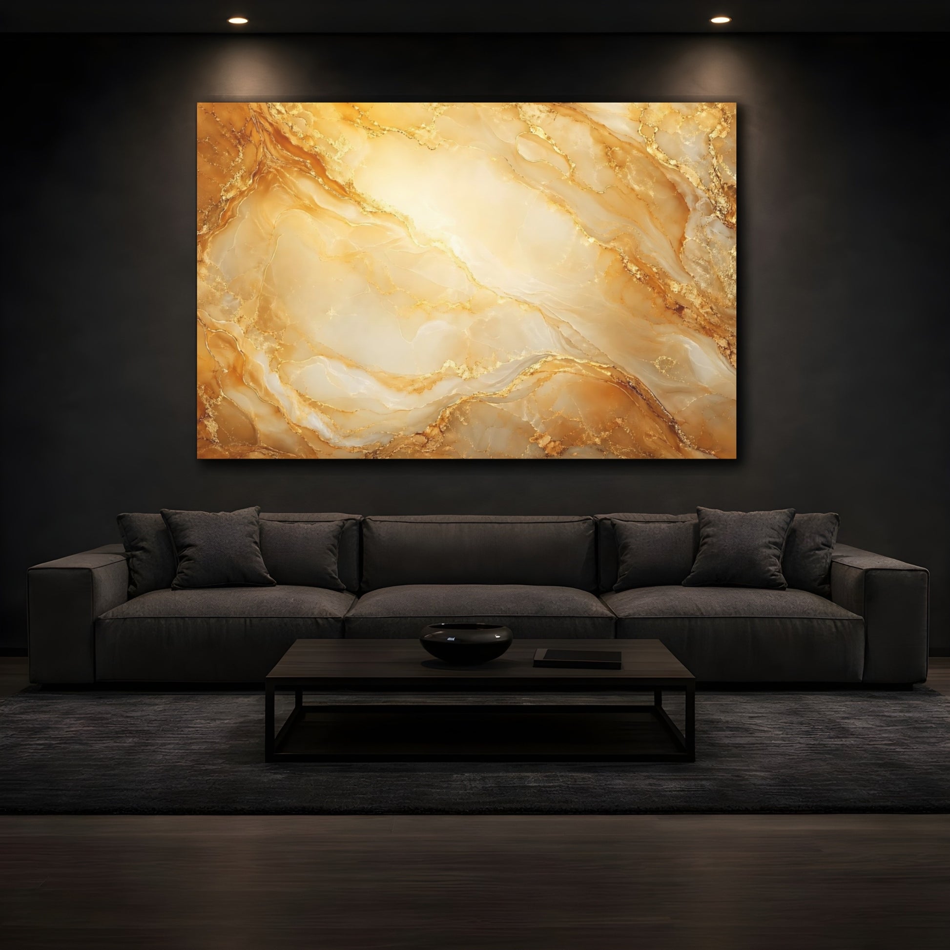 Mockup 3. Abstract Gold Marble Gold And White Marble shown as stretched canvas wall art