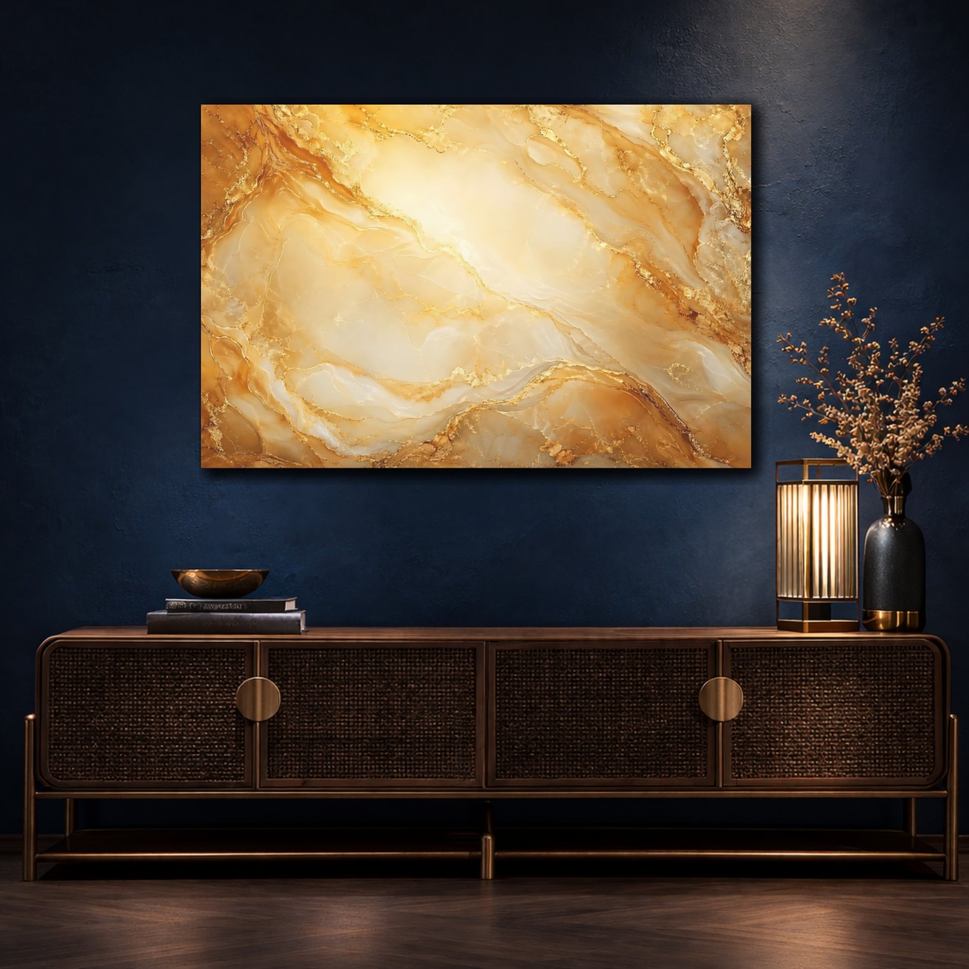 Mockup 4. Abstract Gold Marble Gold And White Marble shown as stretched canvas wall art