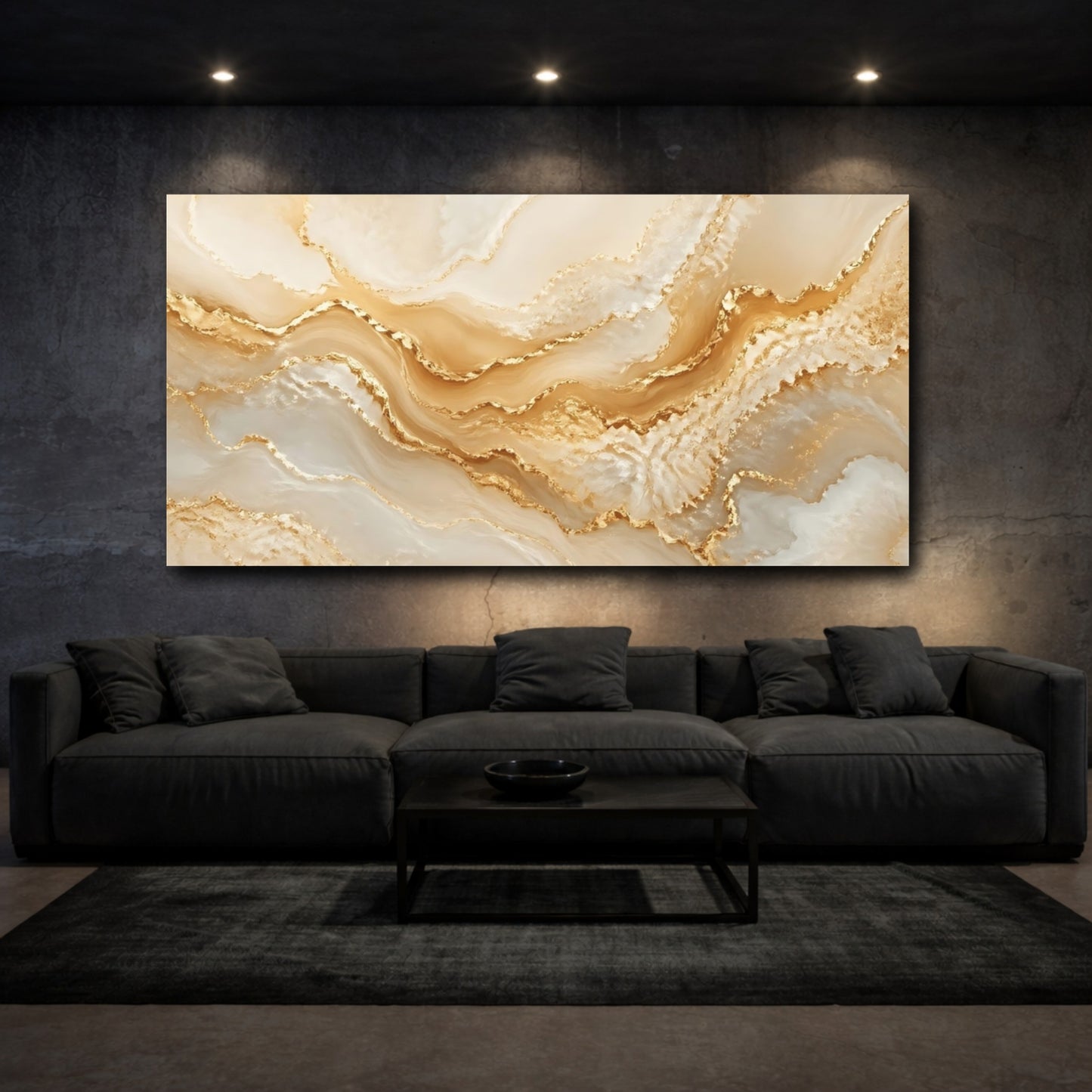 Mockup 2. Abstract Gold Marble Gold And White shown as stretched canvas wall art