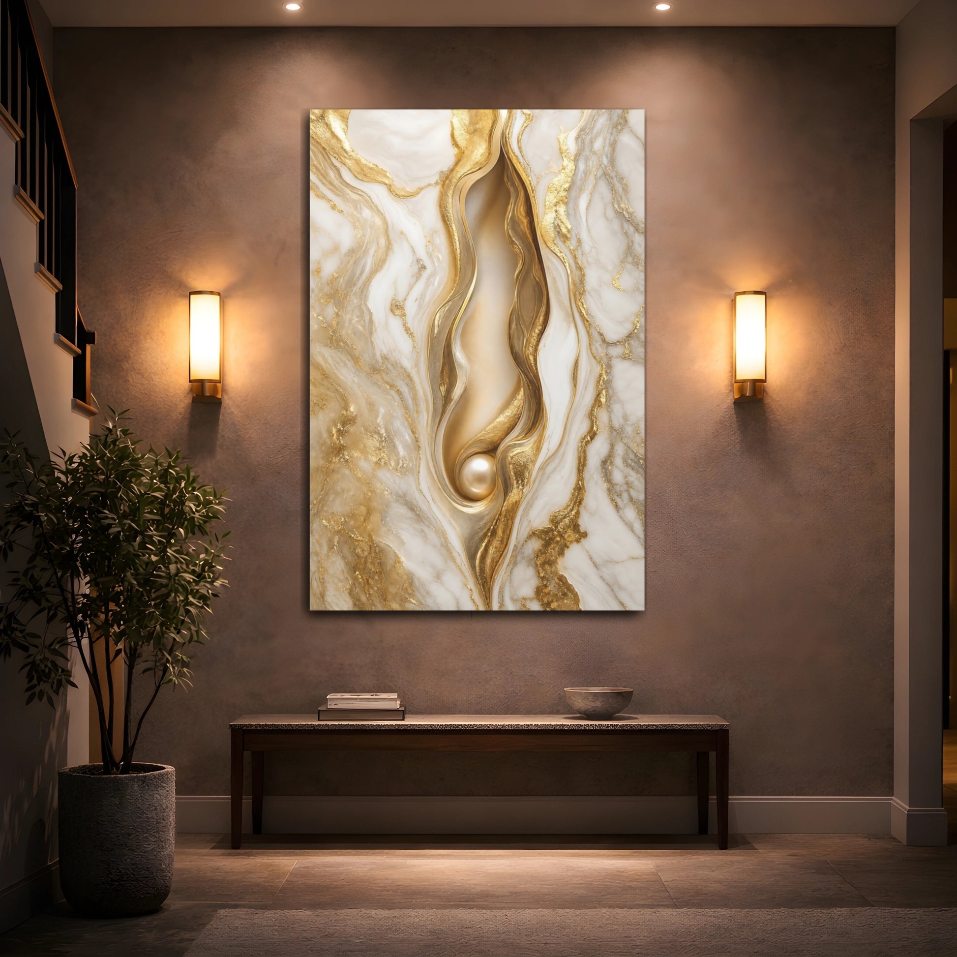 Mockup 2. Abstract Gold Marble Gold And White shown as stretched canvas wall art