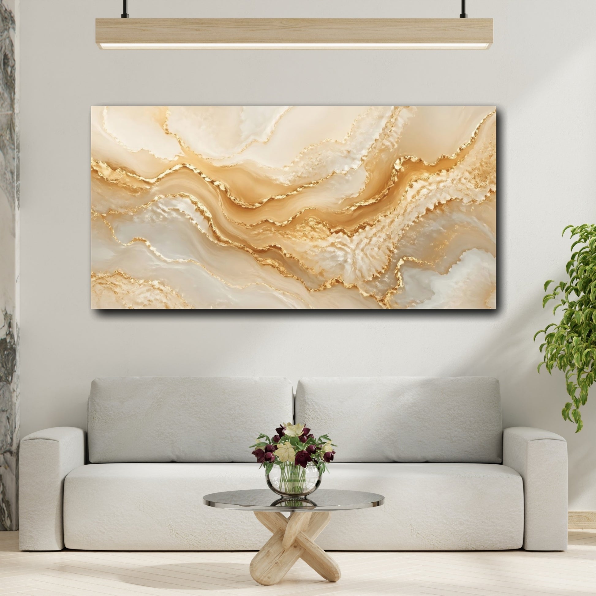Mockup 3. Abstract Gold Marble Gold And White shown as stretched canvas wall art