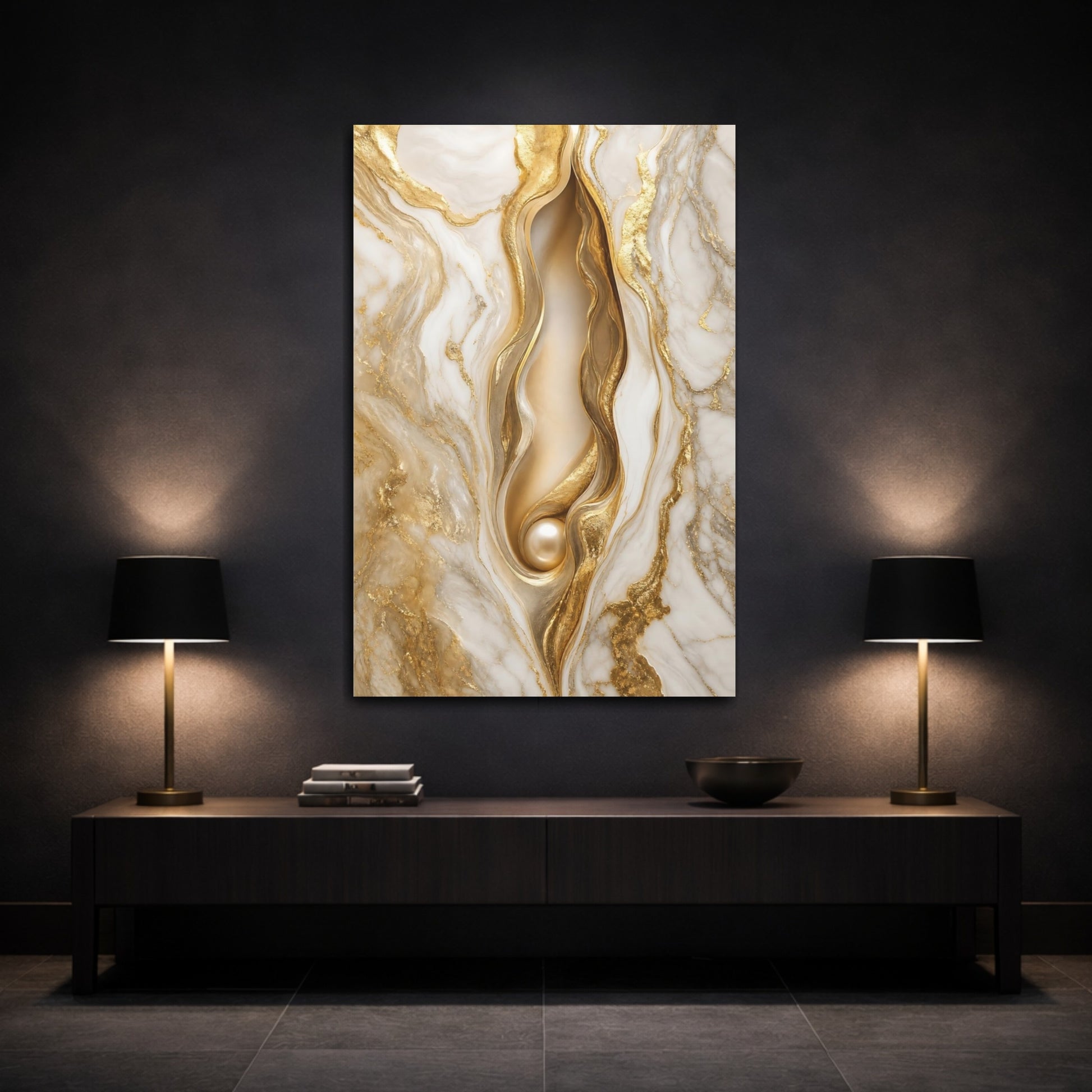 Mockup 3. Abstract Gold Marble Gold And White shown as stretched canvas wall art
