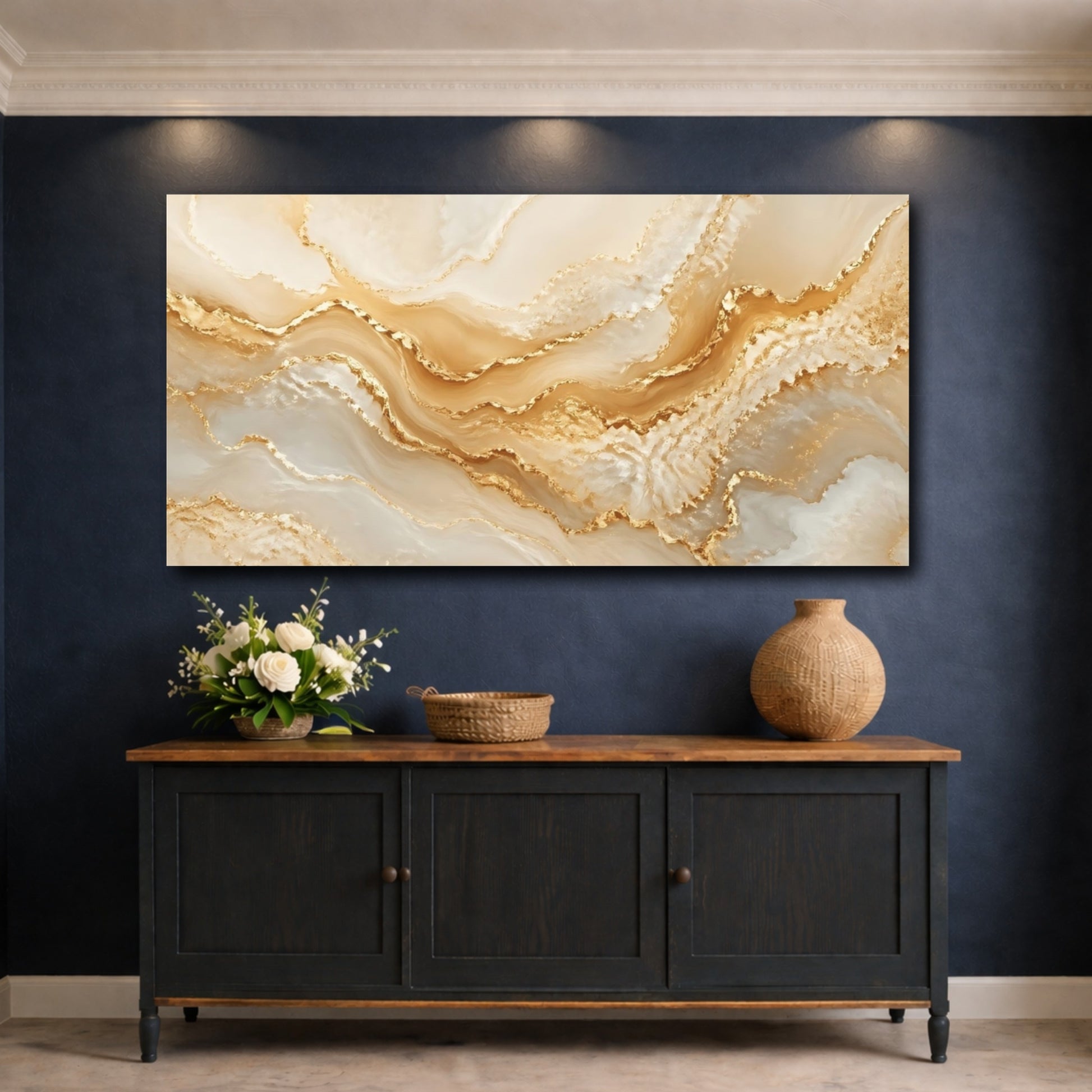 Mockup 4. Abstract Gold Marble Gold And White shown as stretched canvas wall art