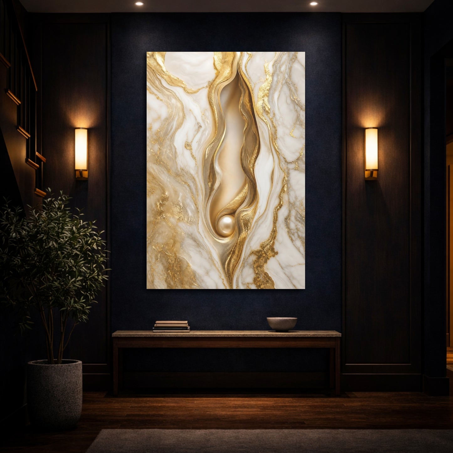 Mockup 4. Abstract Gold Marble Gold And White shown as stretched canvas wall art
