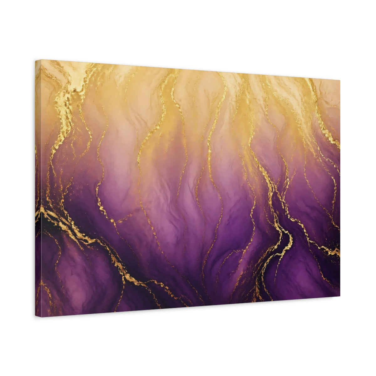 Side Mockup 2. Abstract Gold Marble Purple And Gold shown as stretched canvas wall art