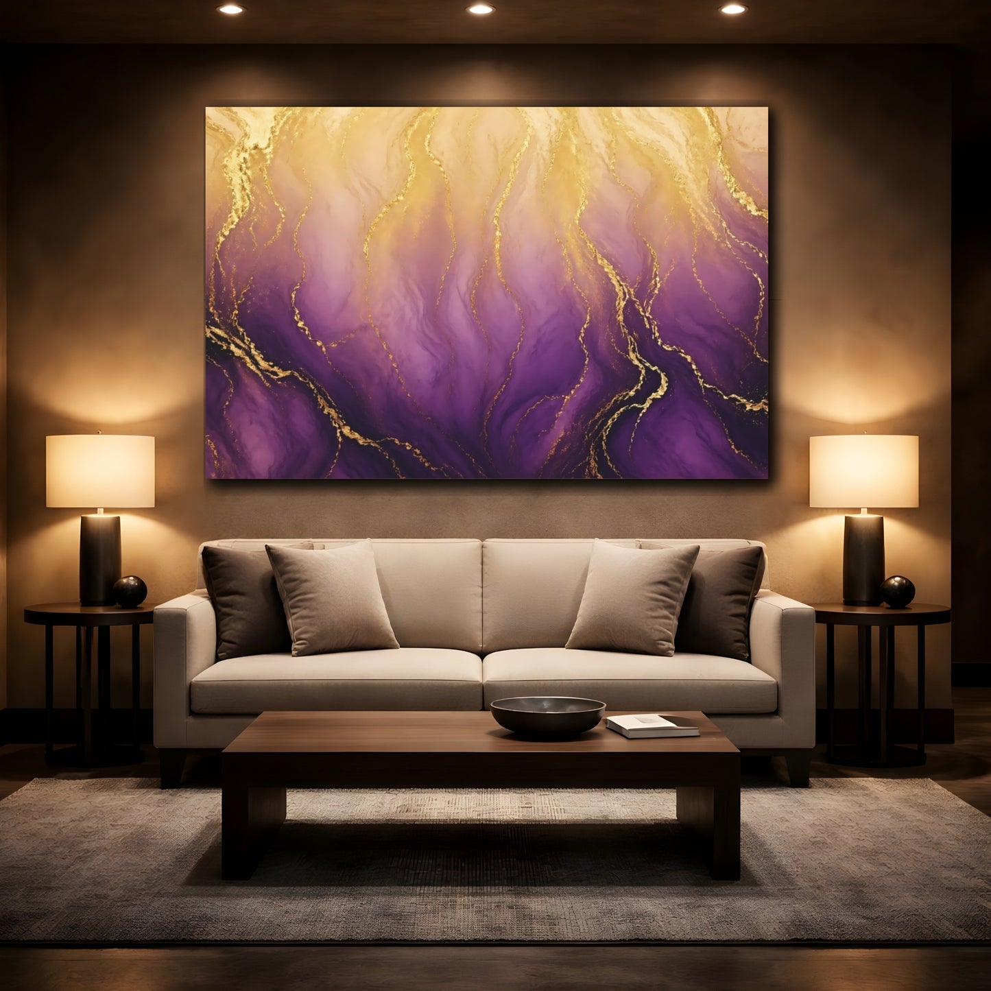 Mockup 2. Abstract Gold Marble Purple And Gold shown as stretched canvas wall art