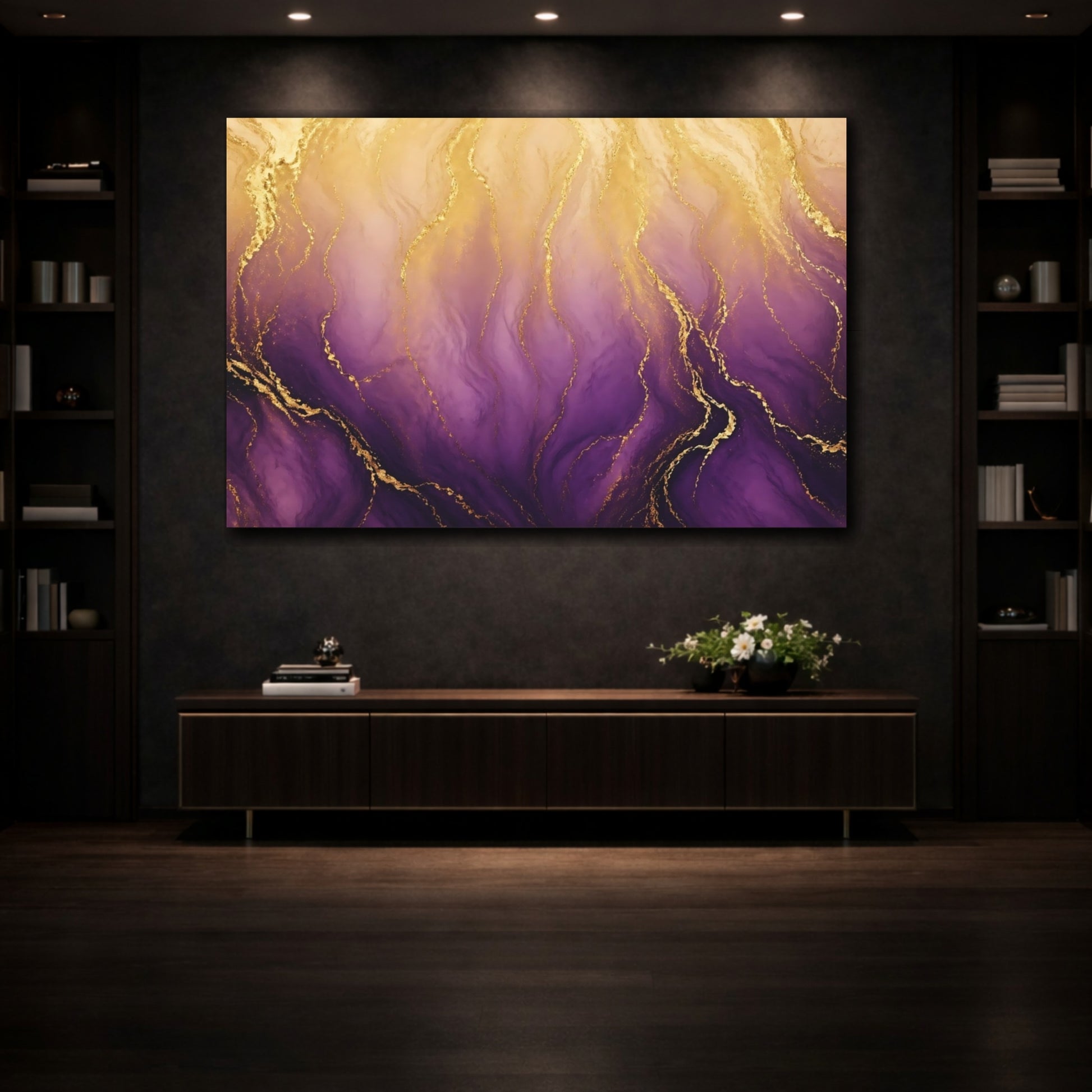 Mockup 3. Abstract Gold Marble Purple And Gold shown as stretched canvas wall art