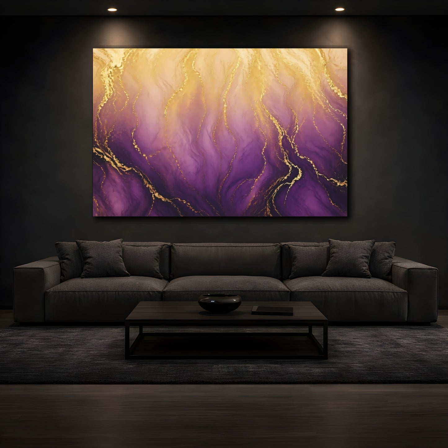 Mockup 4. Abstract Gold Marble Purple And Gold shown as stretched canvas wall art