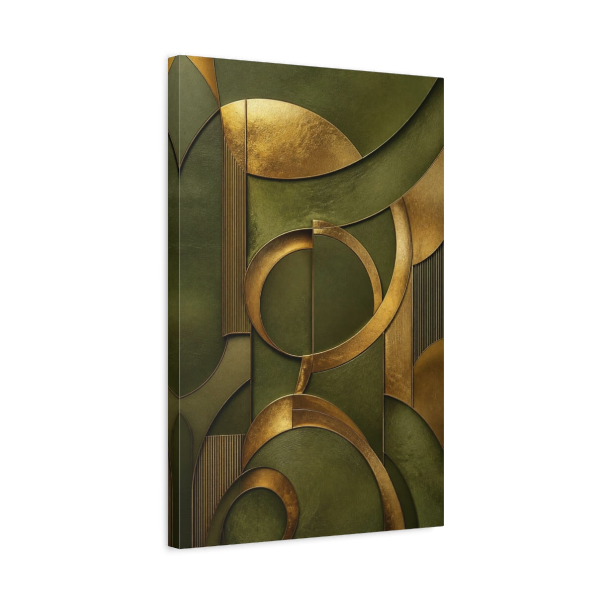 Side Mockup 3. Abstract Gold & Olive Arcs shown as canvas print