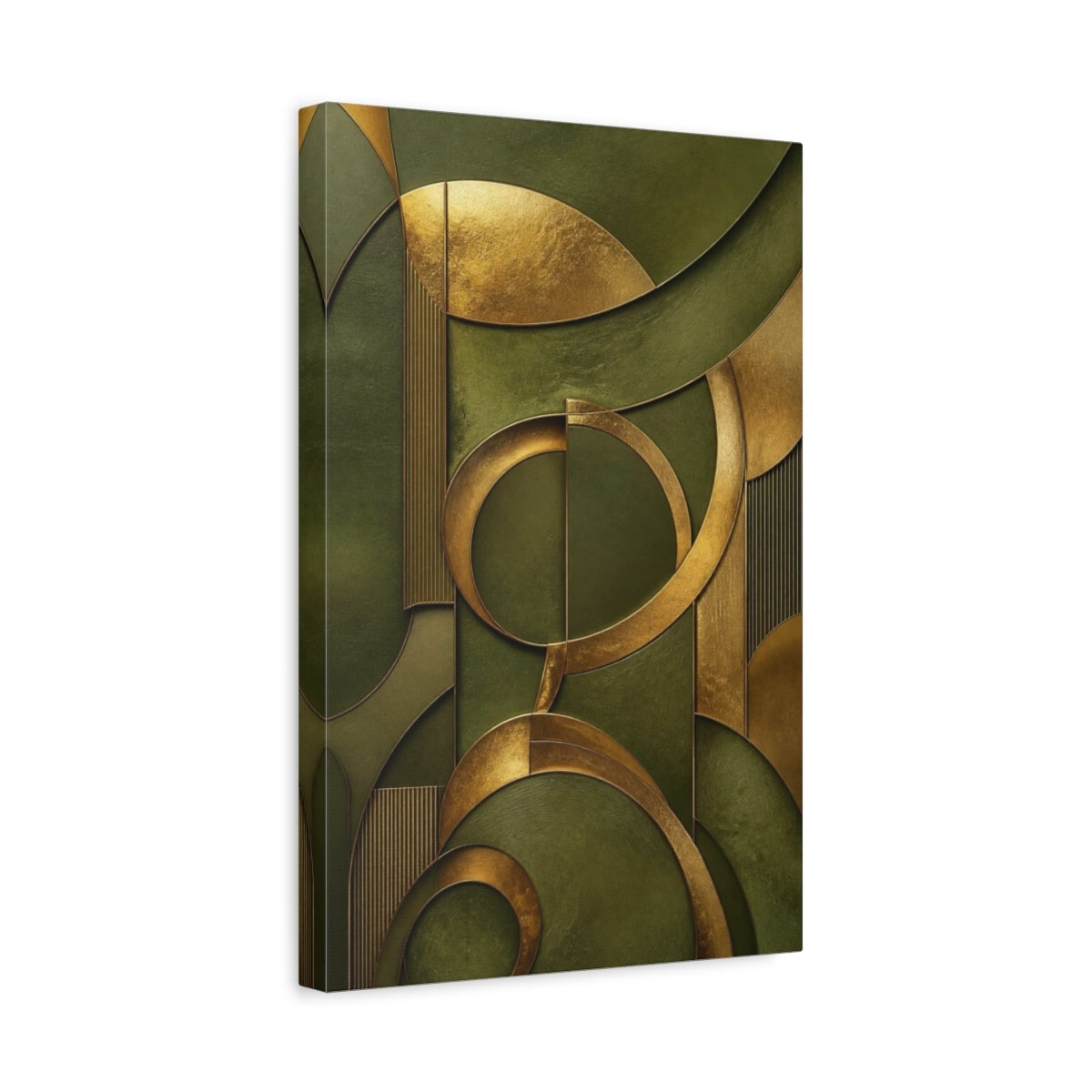 Side Mockup 4. Abstract Gold & Olive Arcs shown as canvas print